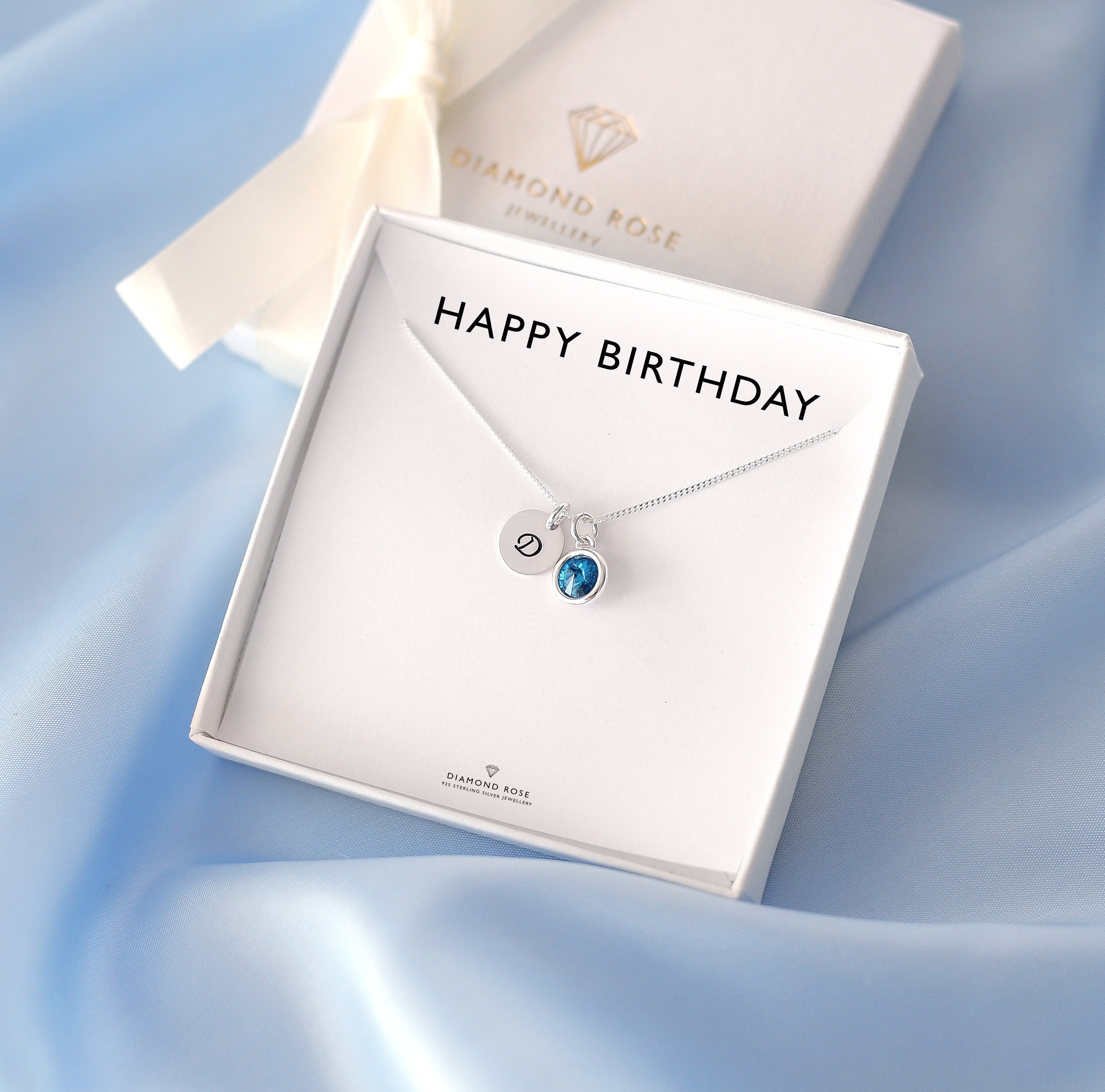 Personalised Initial & Birthstone Necklace | Swarovski Crystal Birthday Gift Handstamped Monogram Dainty Jewelry Friendship, Sister, Mum