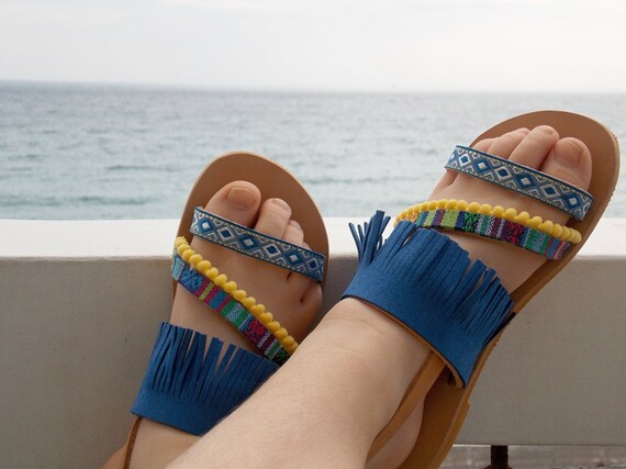 Bleu Enfants Boho Sandales Grec Les S Des Cuir Filles Hadgw7qx
