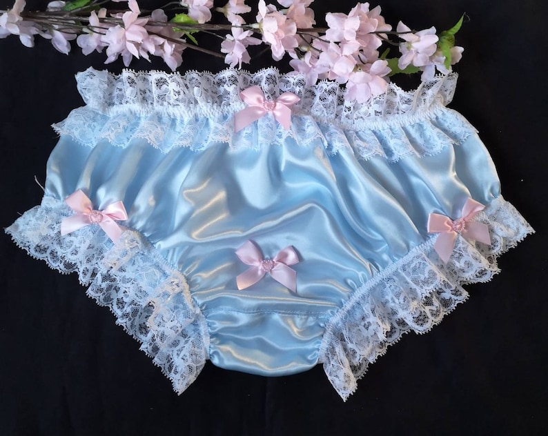 Baby Blue Satin Bikini Panties Sissy Knickers With Bum Ruffles Hand