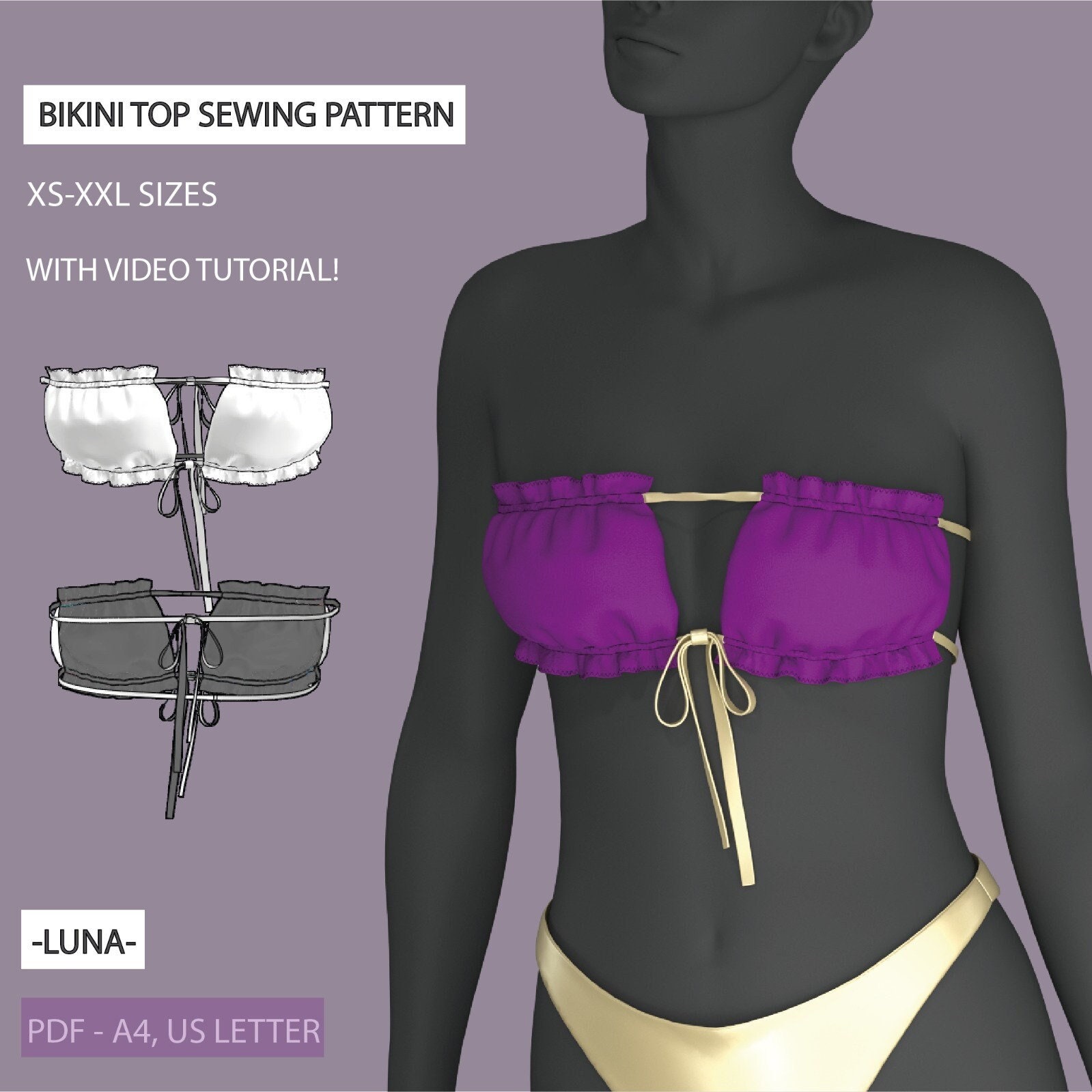 DIY Bandeau Bikini Top Sewing Digital Pattern Women S Swimsuit Sewing Pattern US EU