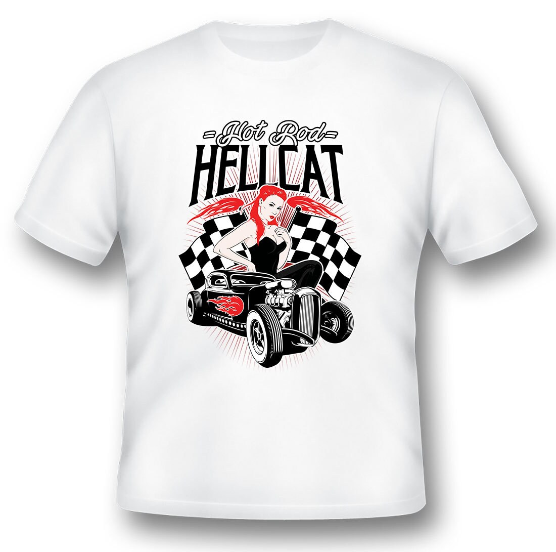 Hot Rod Hellcat Pinup Girl Redhead Black Or White Tee Shirt Etsy