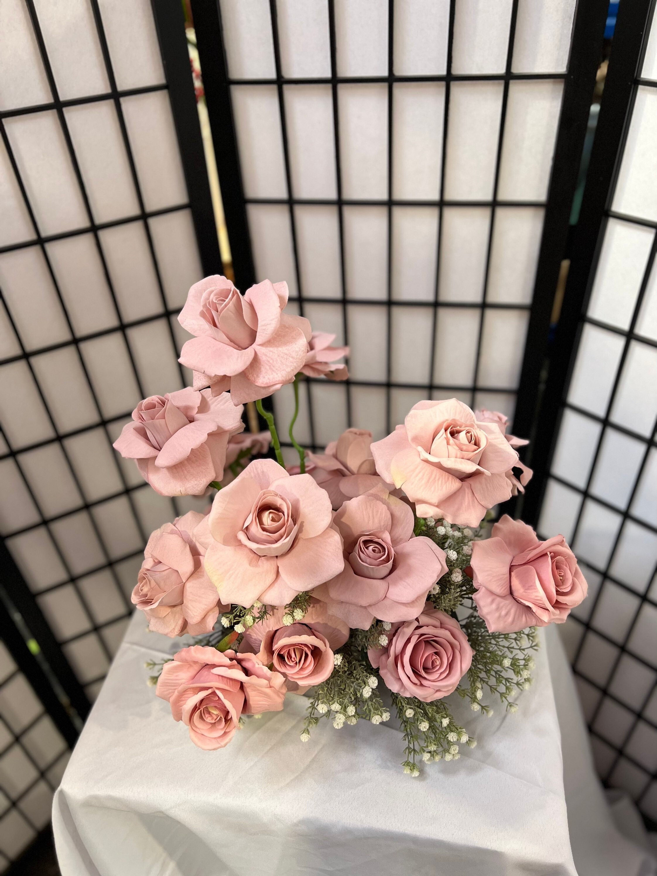 Vintage Rose Centrepiece, Pink Low Table Low Wedding Pink Silk Flower Centrepiece