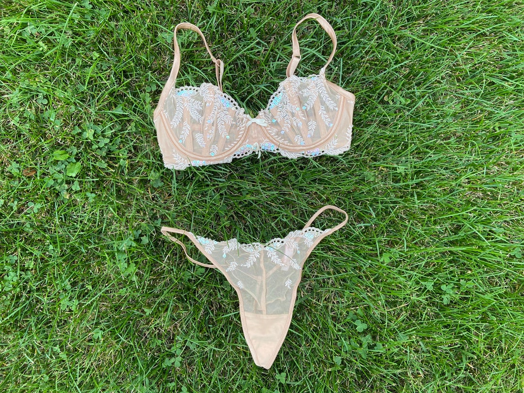 Victorias Secret Lingerie Set Sheer Nude Sequin Floral Large 36C Vintage Lingerie Set Beaded