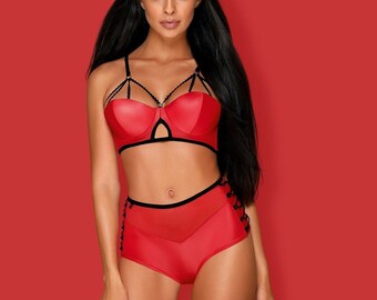 Комплекты Obsessive Leatheria set Red, Красный, S/M Obs_Leatheria set Red S/M - Obsessive - Эротические комплекты: лиф и трусики - Купить