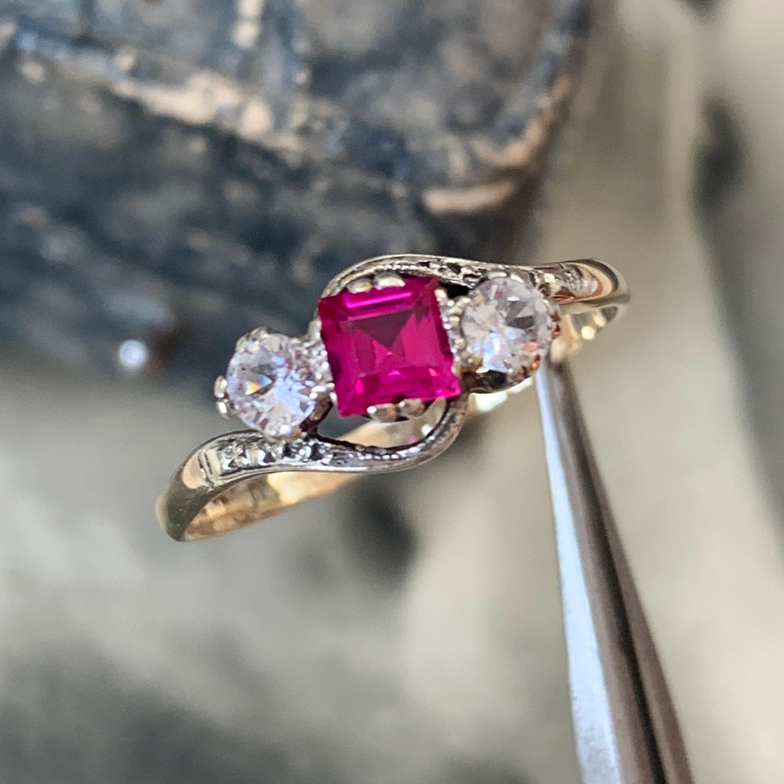 Art Deco Ruby Trilogy Ring Set in Platinum & 9Ct Gold. Beautiful Square Cut With White Sapphires Either Side