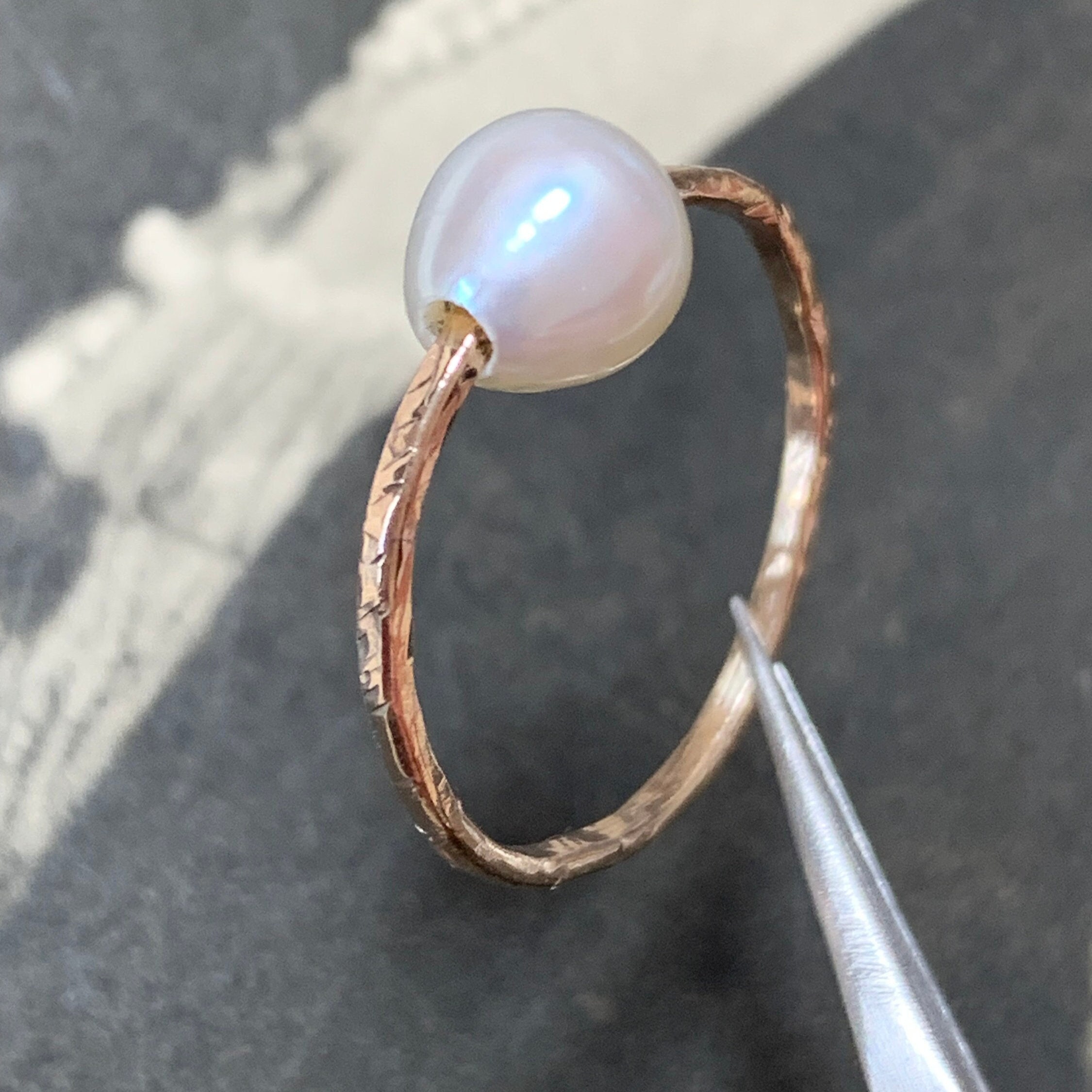 Handmade Floating Baroque Pearl Ring in 9Ct Hammered Gold