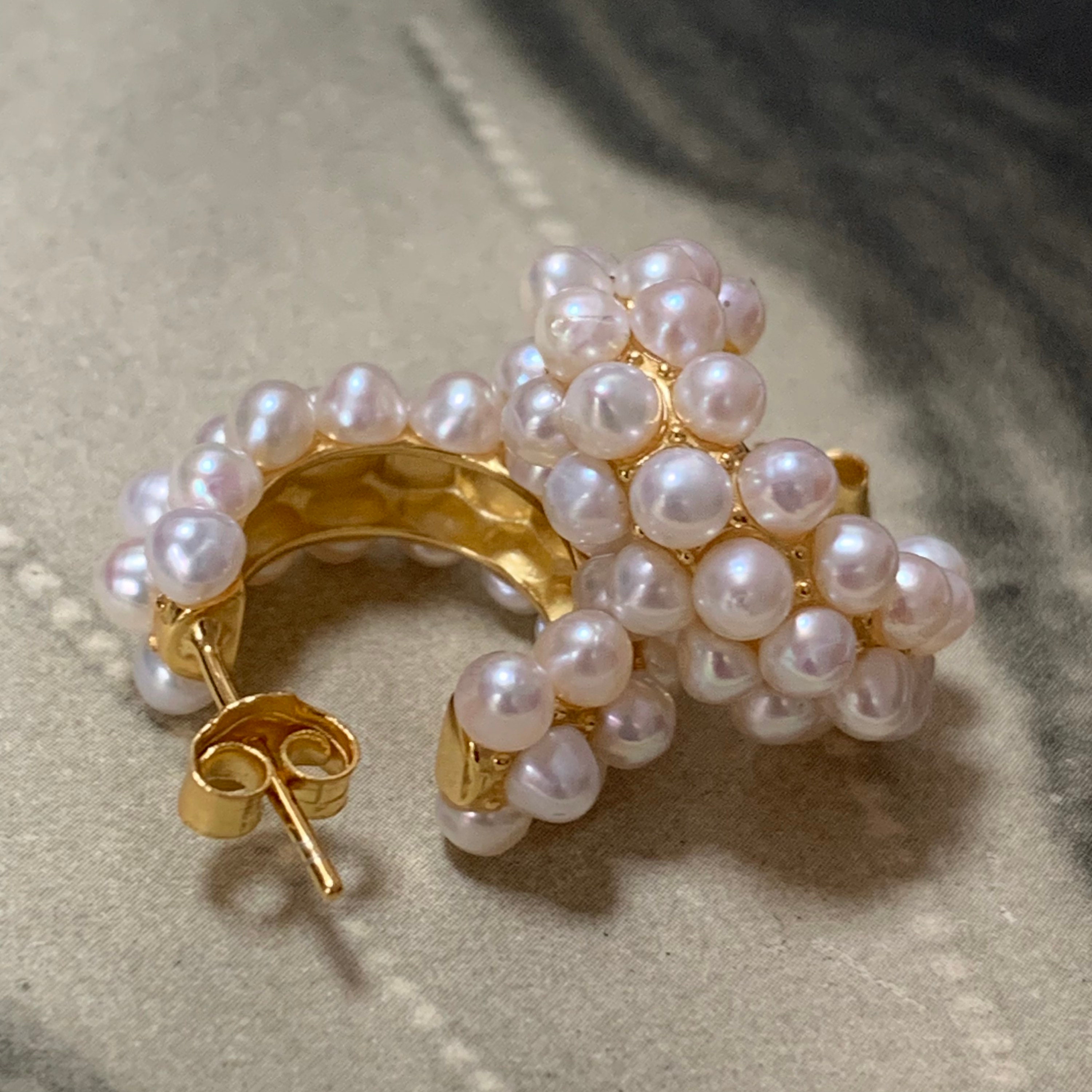 Freshwater Pearl Half Hoop Earring in 18K Gold Gilded 925 Silver For Pierced Ears. These Are A Stunning Pair Of Earrings