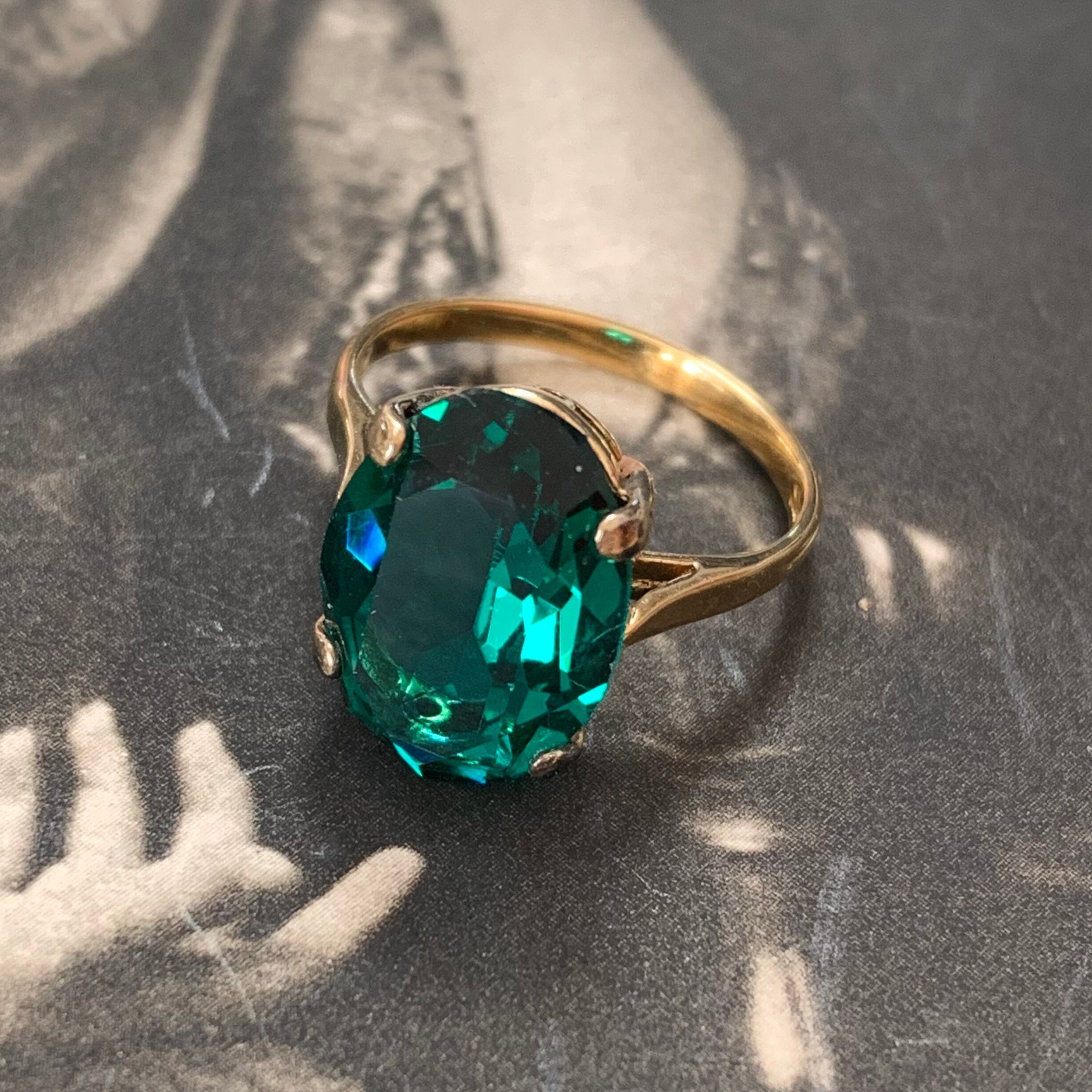 Vintage Paste Emerald Ring Size J Gold Plated Silver Oval Cut Statement Circa 1960S