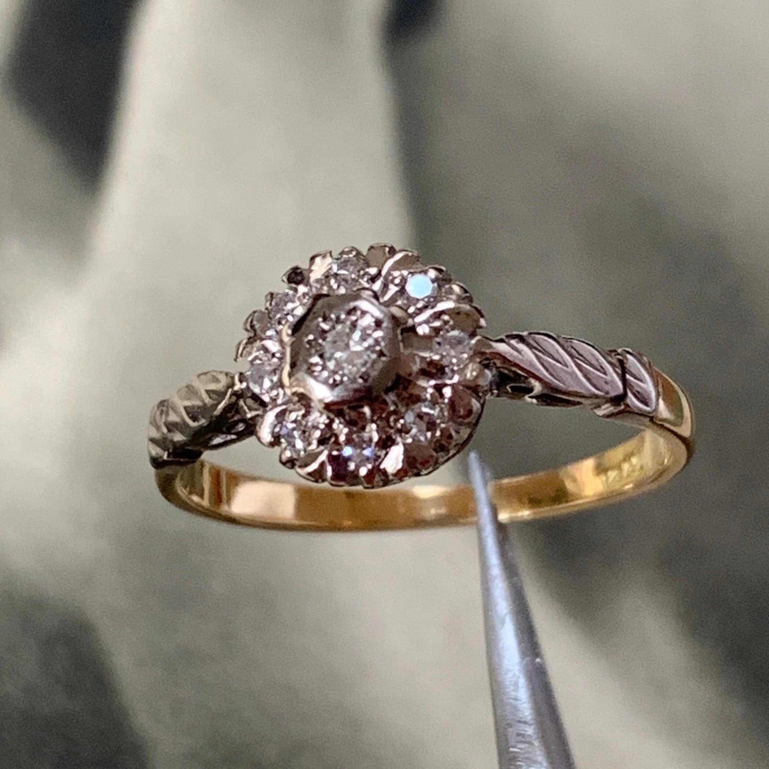 Vintage Diamond Ring Size M 18Ct Gold & Platinum Art Deco Style Daisy Engagement Ring 6 Us