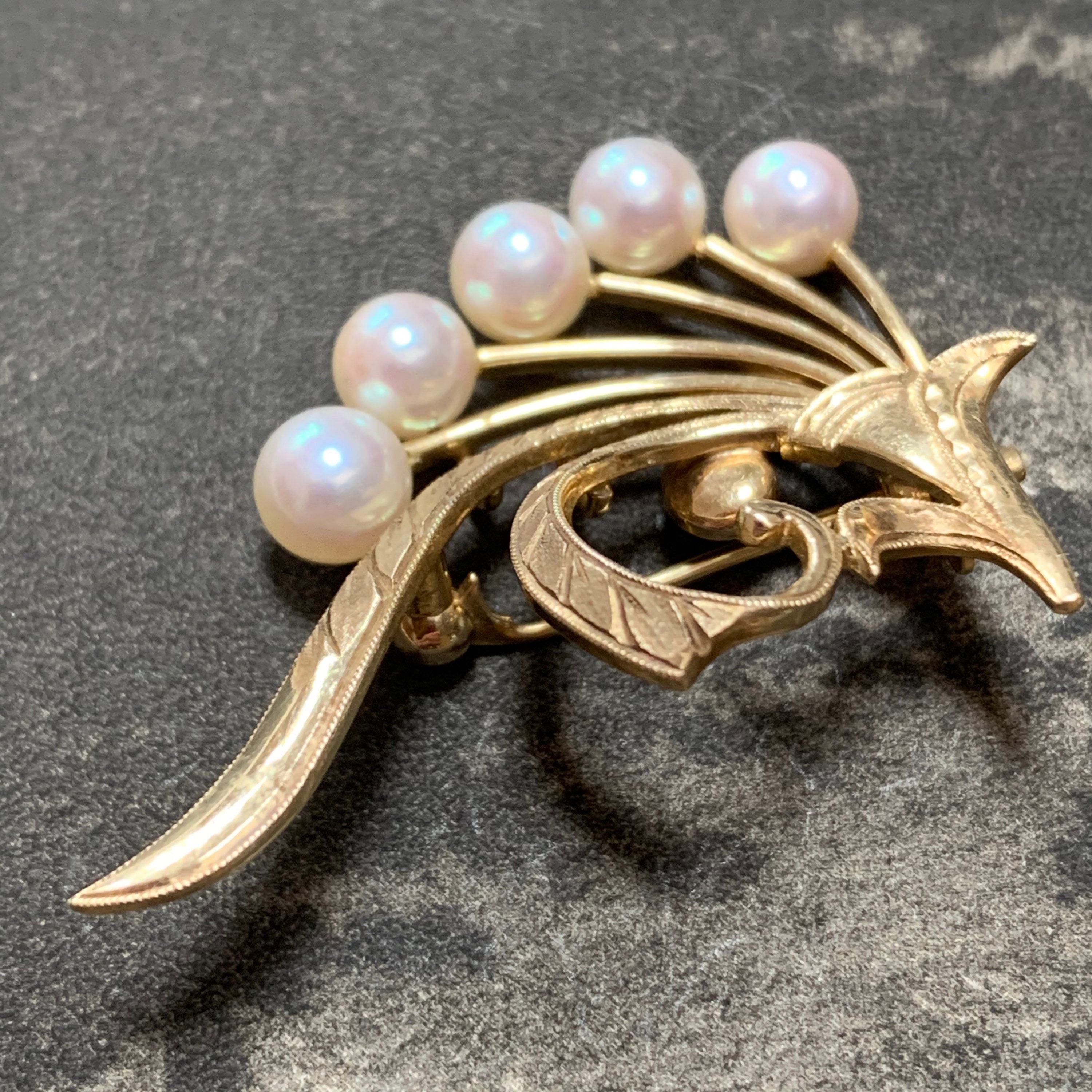 Vintage Mikimoto Brooch 14Ct Gold Set With 5 Japanese Akoya Pearls Of Outstanding Aaa Gem Quality. Designed As A Floral Spray
