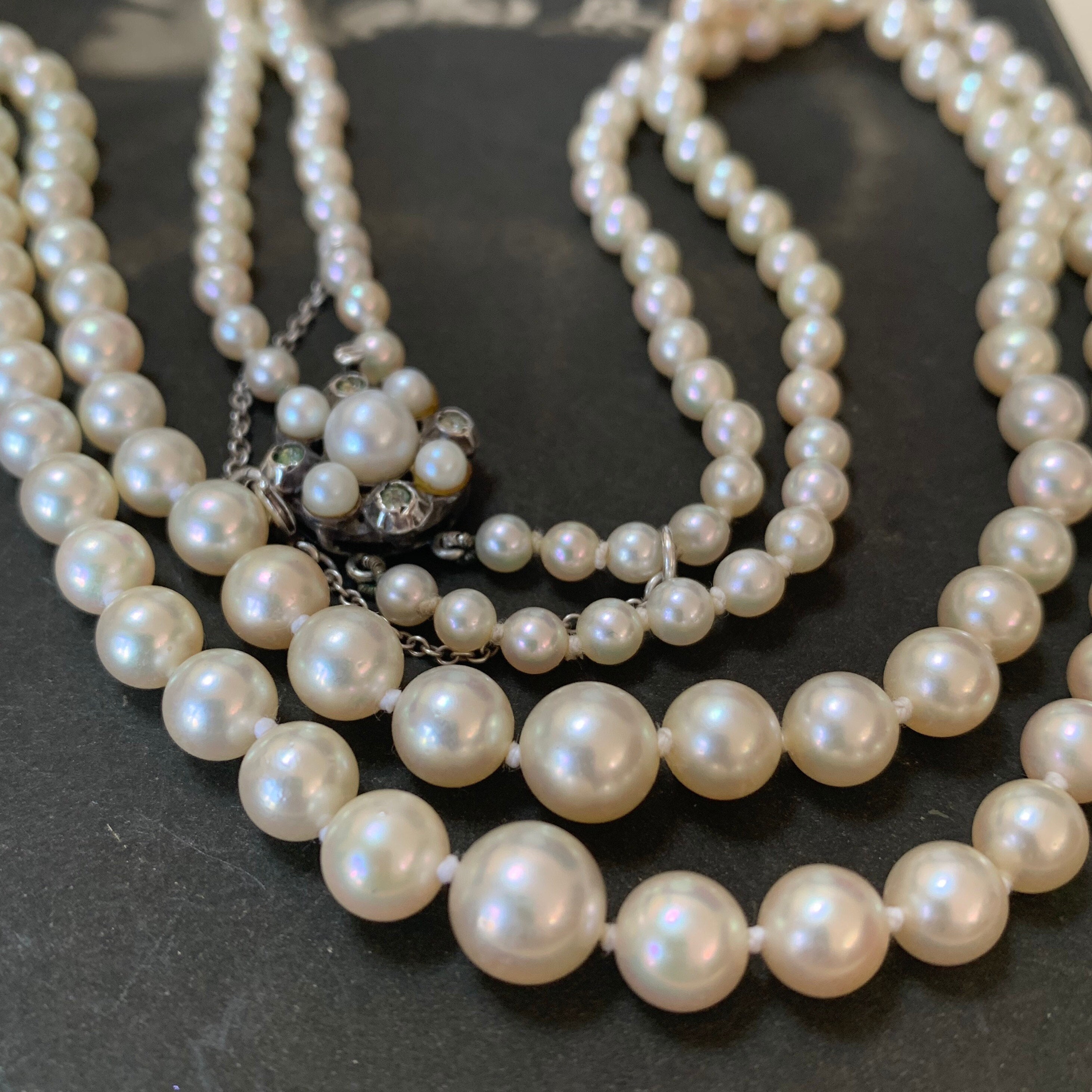 Antique Pearl Necklace 19 Inch Double Twin Strand Of Graduated Cultured Pearls Silver Pearl Paste Diamond Clasp