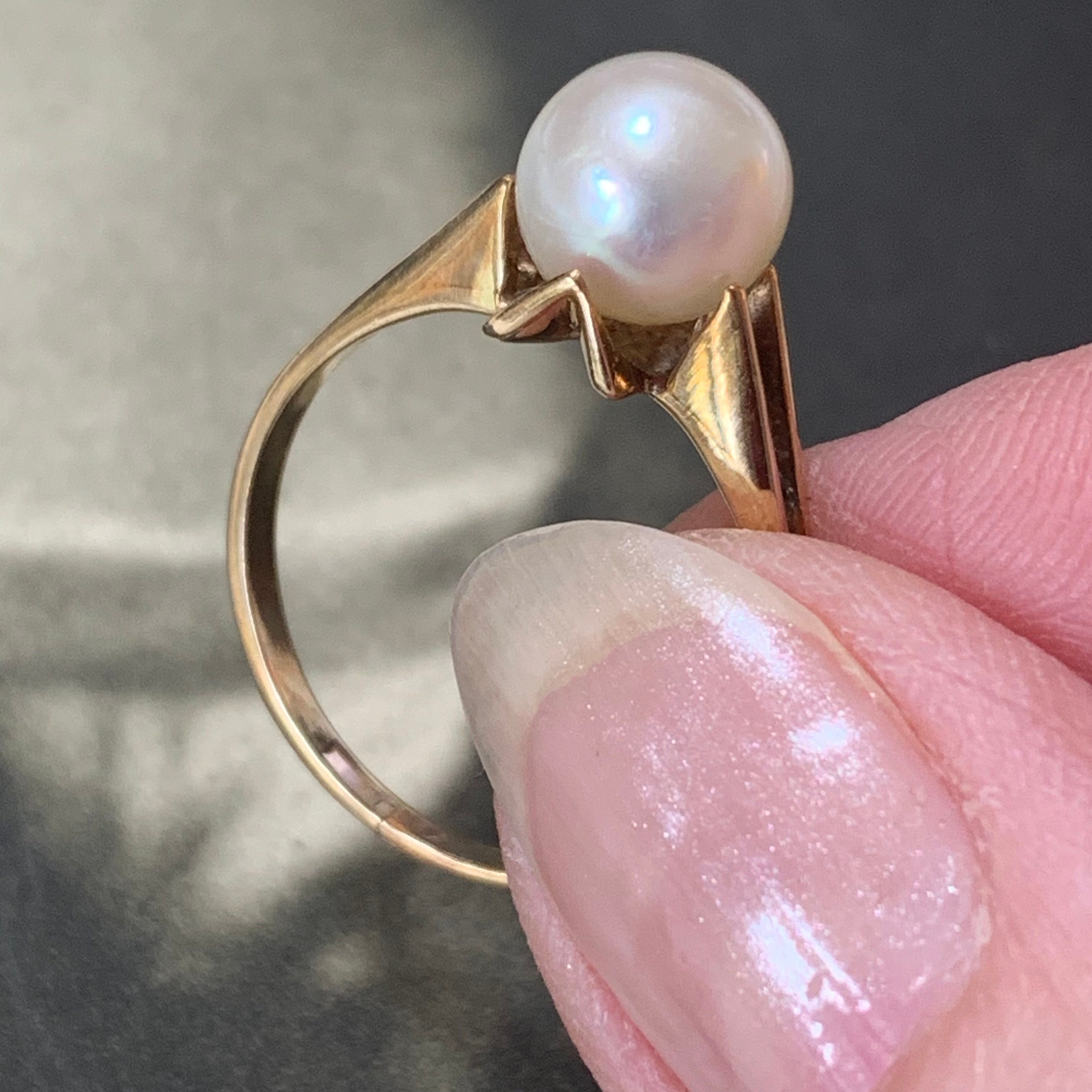 Vintage 14Ct Yellow Gold Pearl Ring Japanese 8mm Akoya Cultured Pearl. Similar To Mikimoto Quality Ring Size 7.5 Us