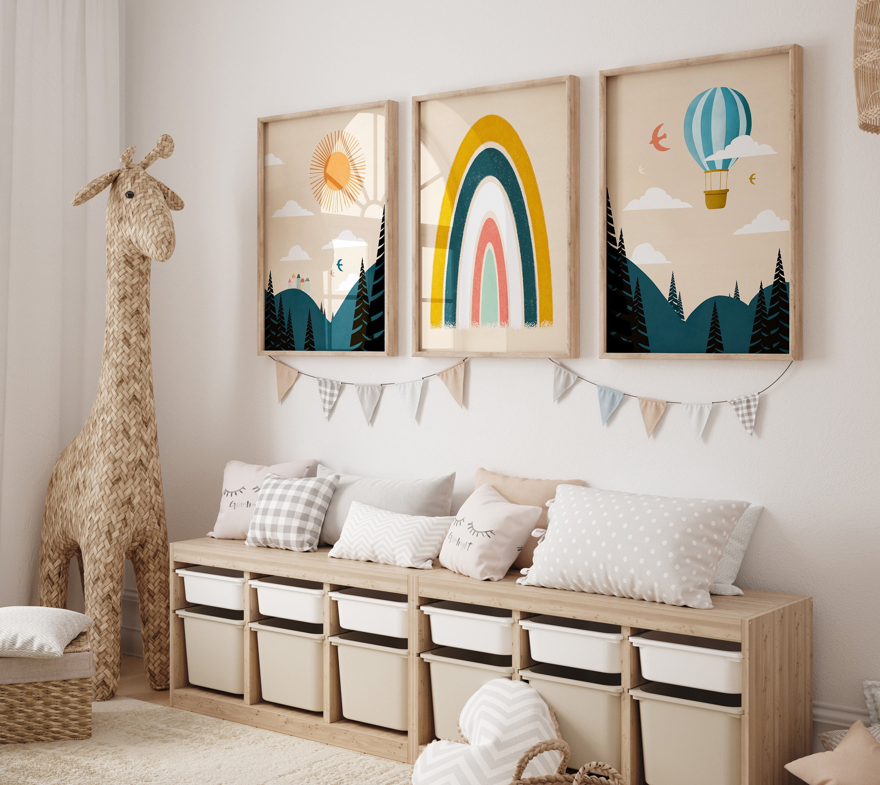 Set Of Prints Hot Air Balloon Nursery Print Rainbow Print Nordic Nursery Decor Nursery