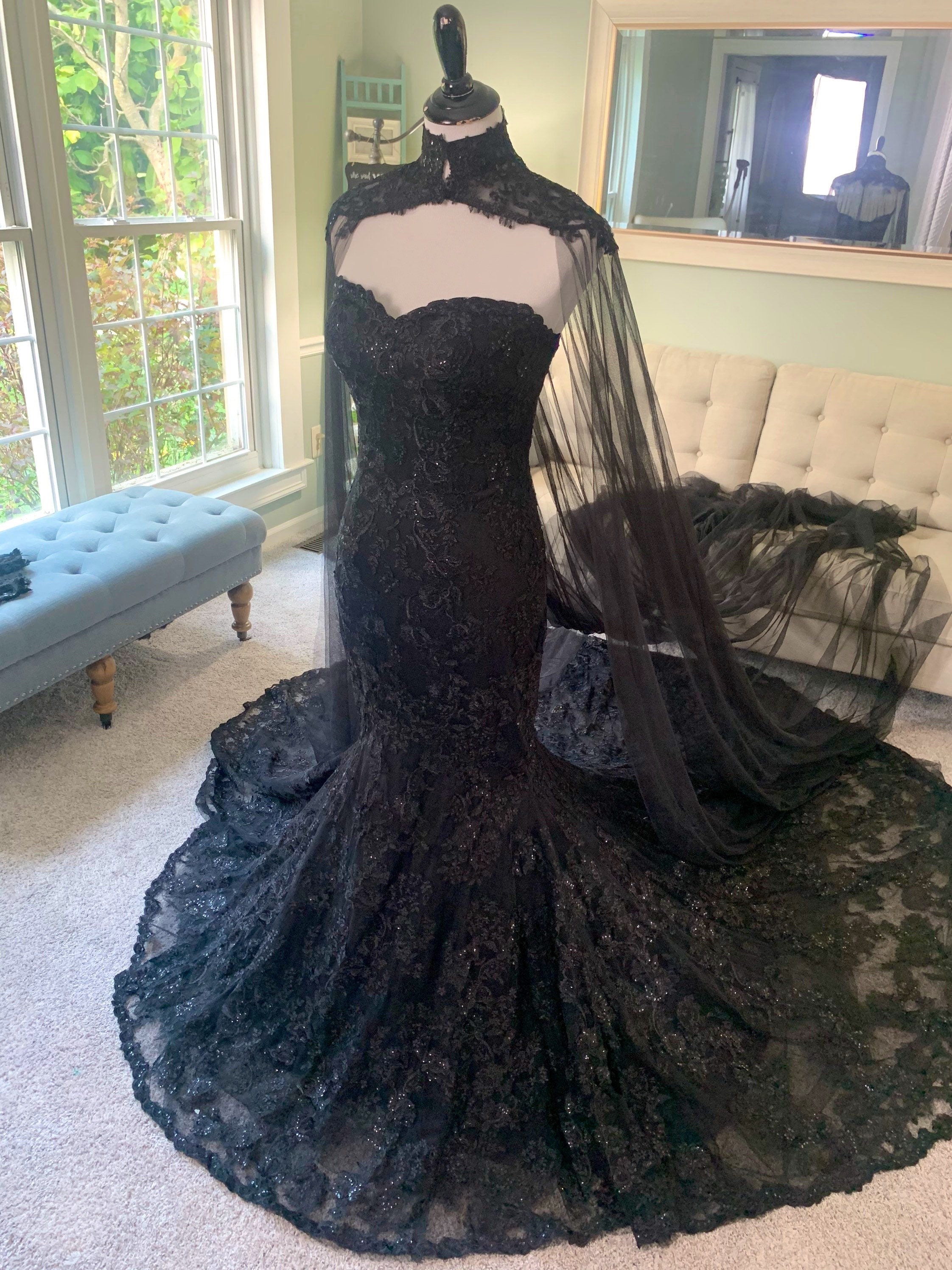 In Black Wedding Dress Black Dress With Cape Gothic Etsy
