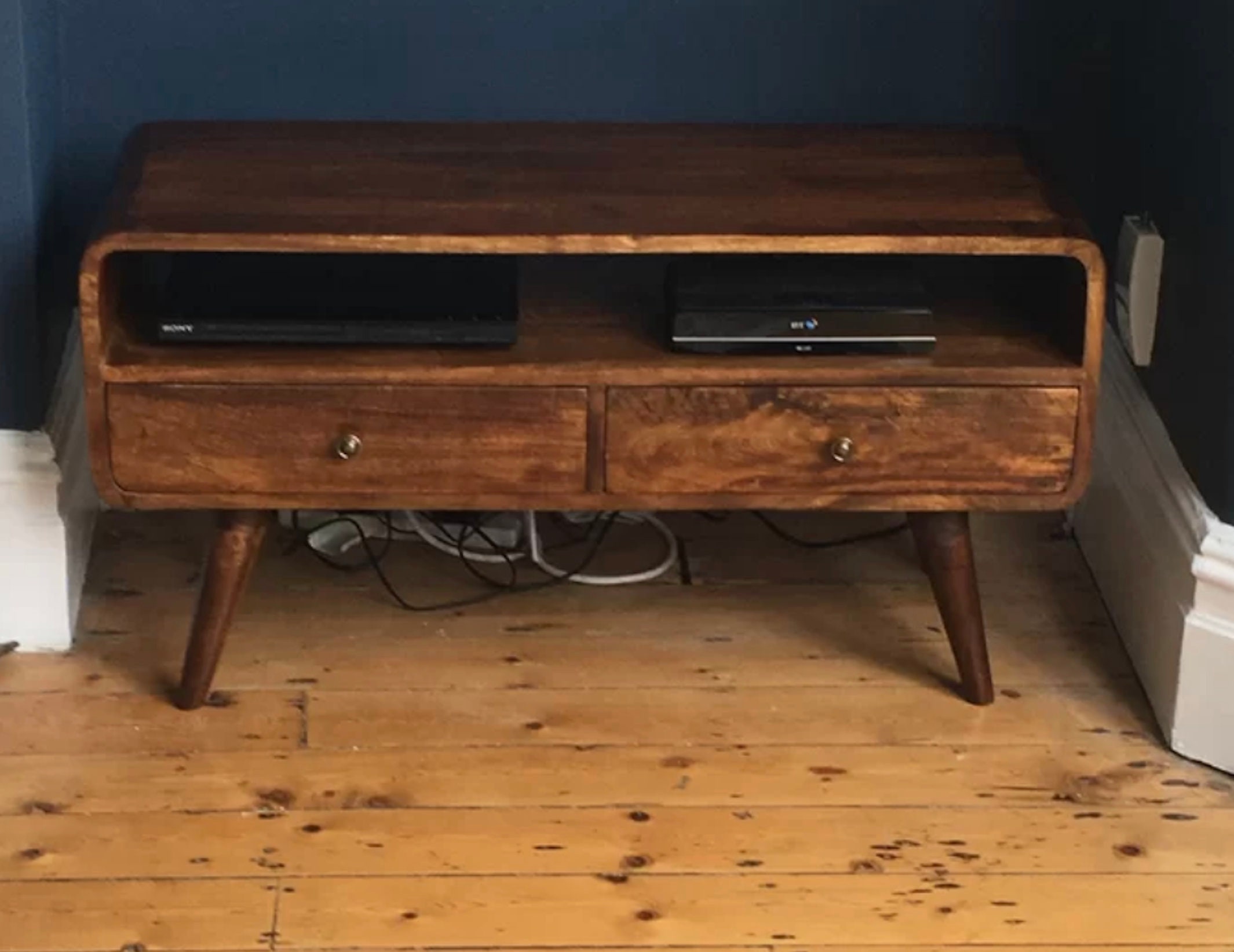 Mid Century TV Stand Modern Scandinavian Style Vintage Media Cabinet Rustic Solid Wood Unit 2 Drawers Large Shelf Lowboard Danish Nordic Leg