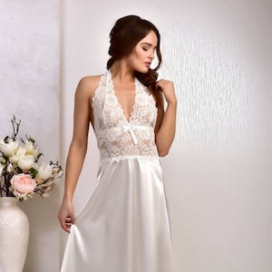 Ivory Honeymoon Lingerie Wedding Long Nightgown Bridal Satin Lace Nightgown Sexy Open Back