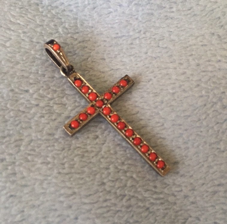 Victorian salmon red coral seed Cross pendant sterling silver