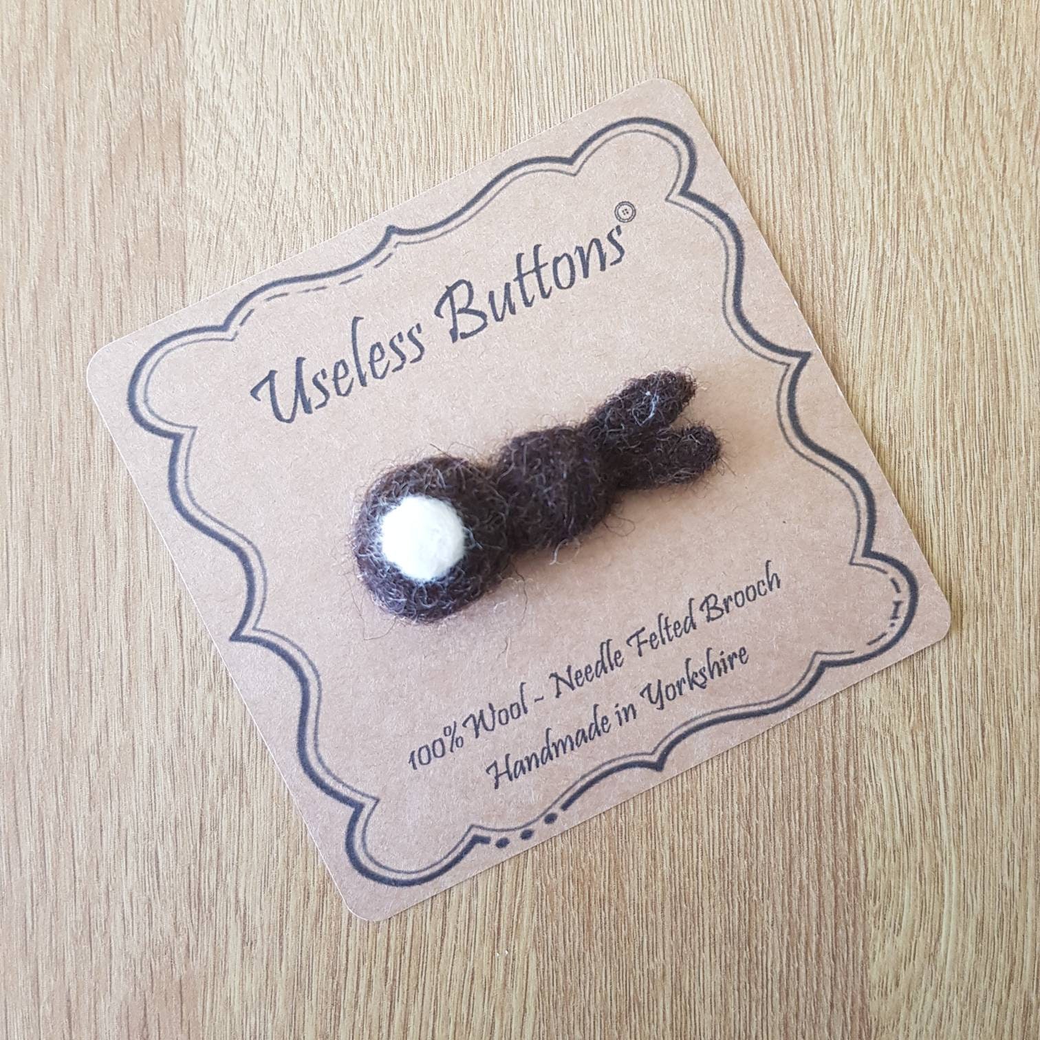 Needle Felted Bunny Brooch Handmade in Black With A White Fluffy Tail