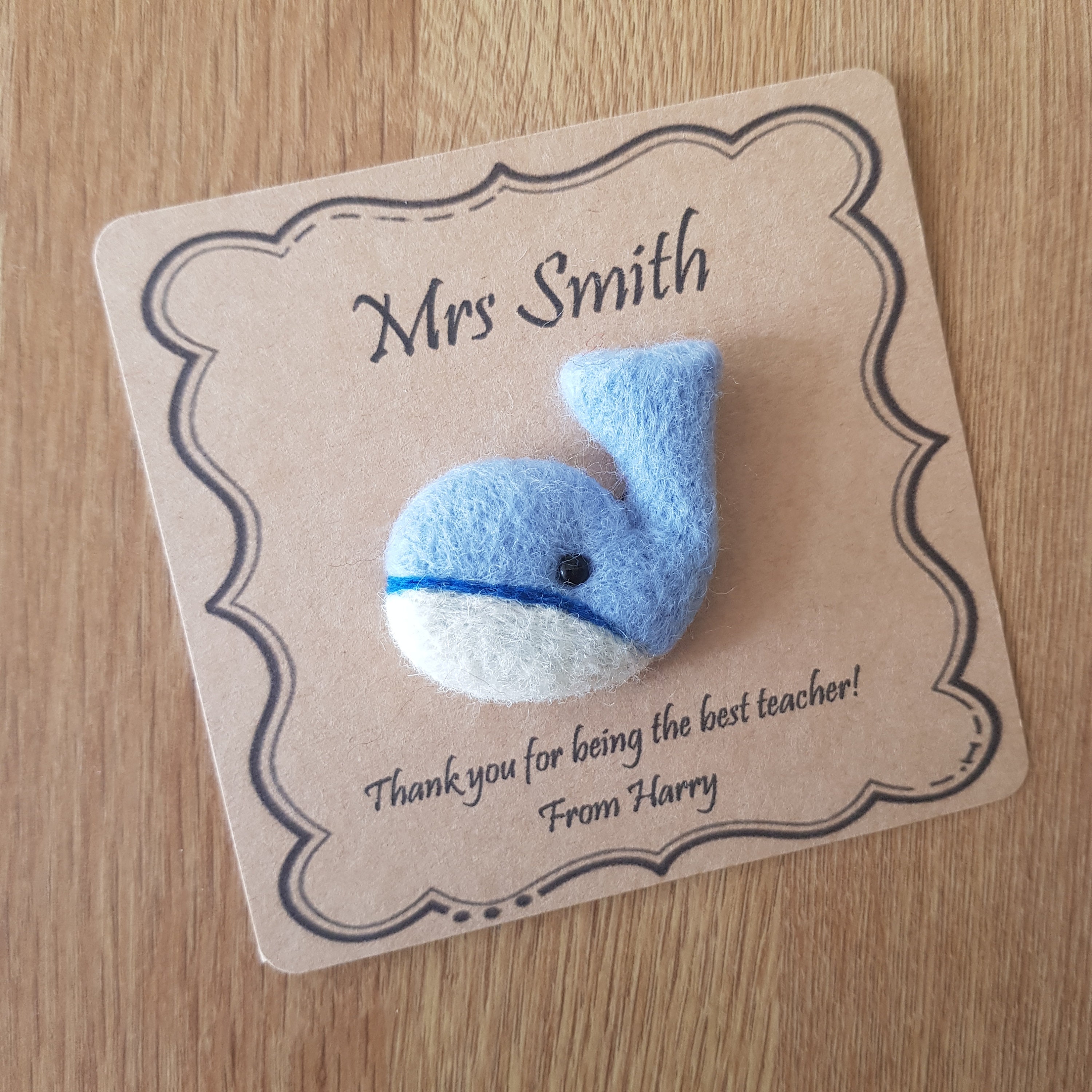 Personalised Gift Needle Felted Whale Brooch Handmade in Blue & White Wool