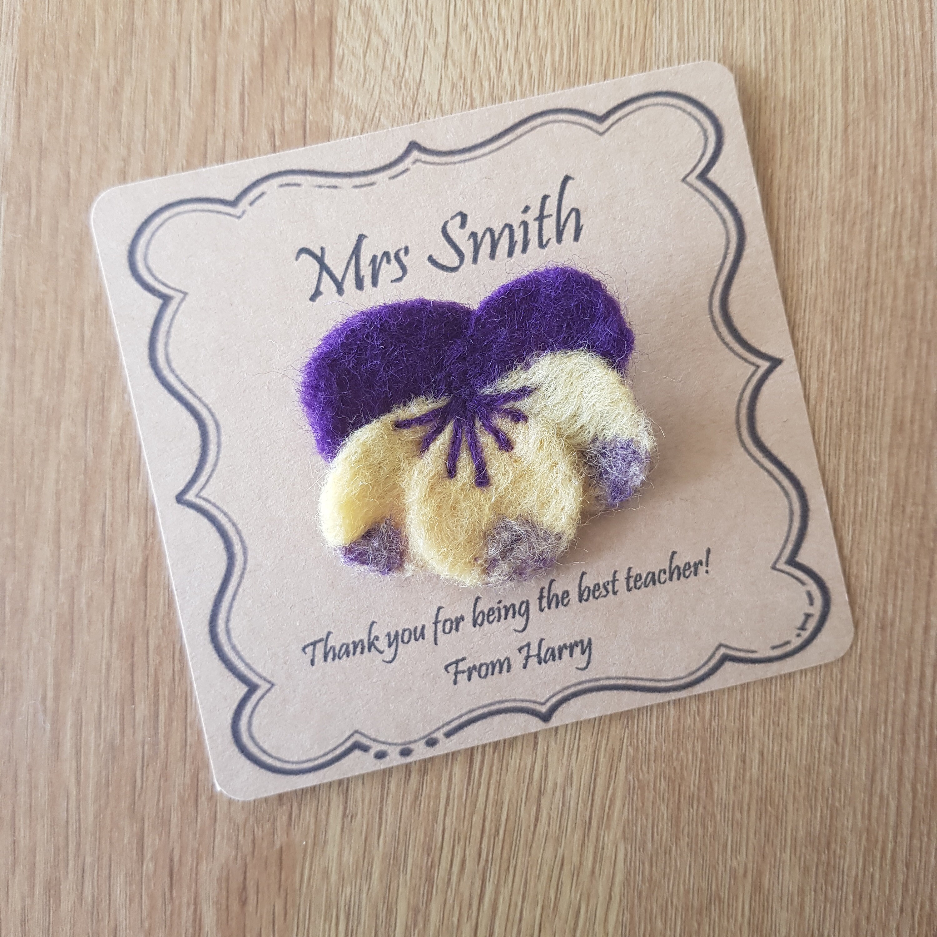 Personalised Gift Needle Felted Pansy Brooch Handmade in Yellow & Purple Merino Wool
