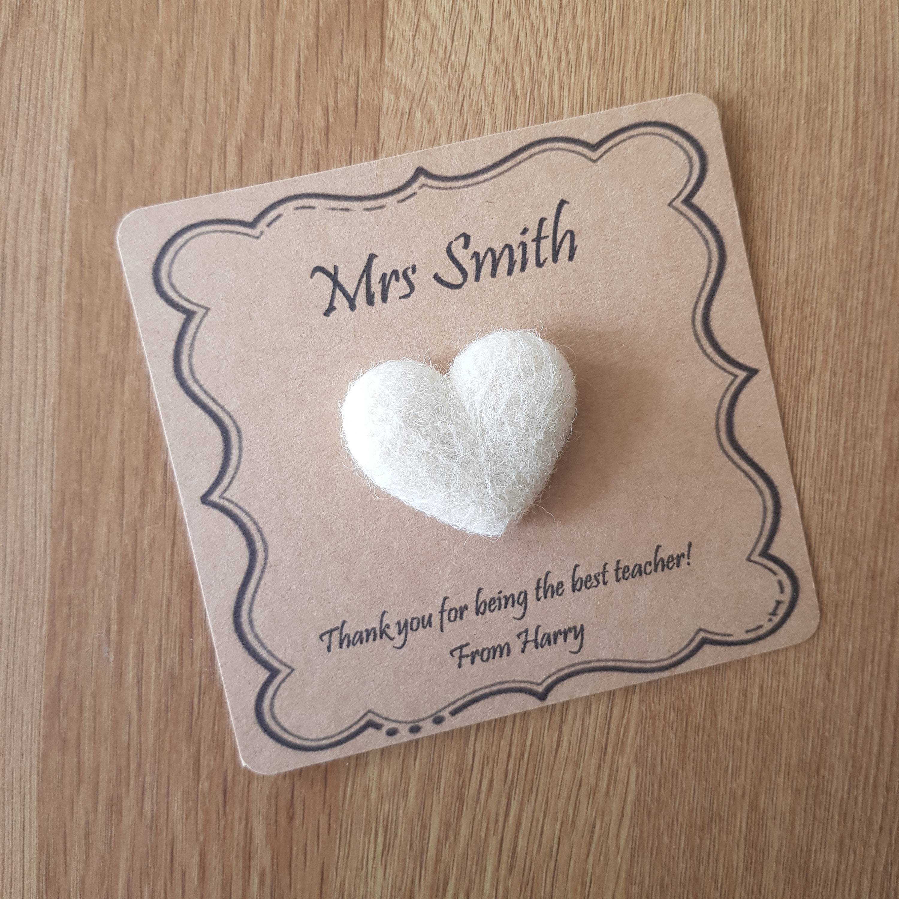 Personalised Gift Needle Felted Heart Brooch Handmade Pretty White Merino Wool