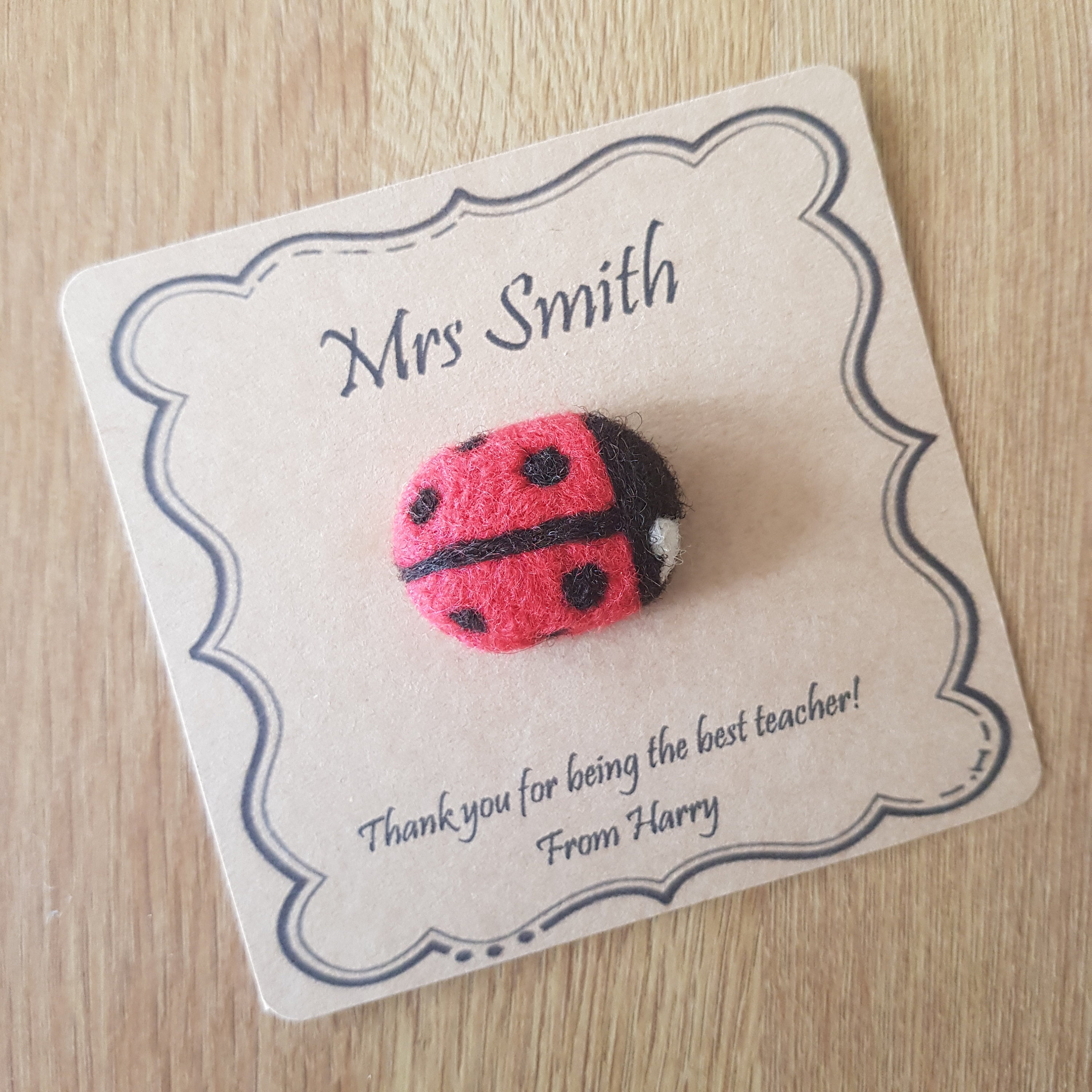 Personalised Gift Needle Felted Ladybird Brooch, Handmade Red & Black With White Heart
