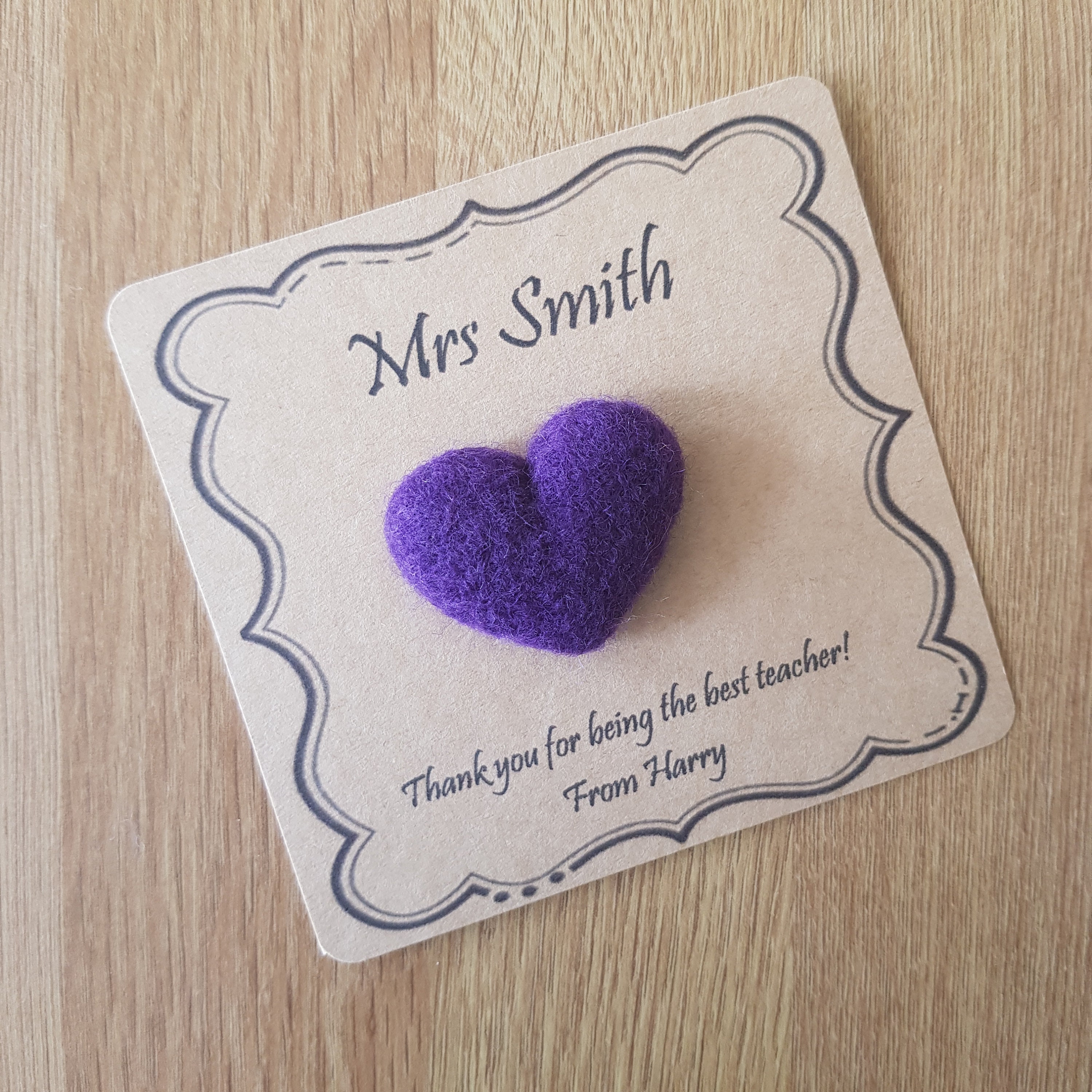 Personalised Gift Needle Felted Heart Brooch Handmade Pretty Purple Merino Wool