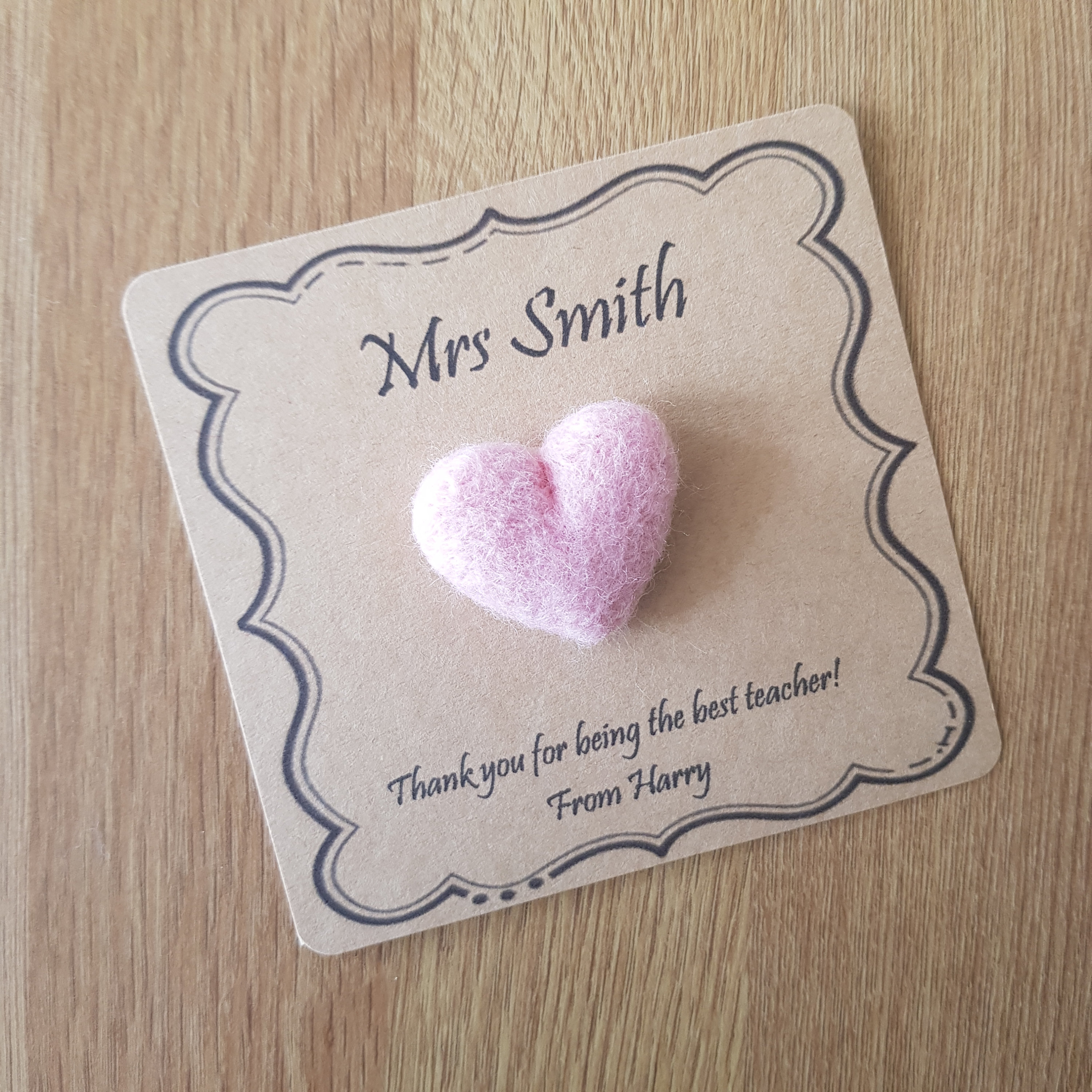 Personalised Gift Needle Felted Heart Brooch Handmade in Pretty Pale Pink