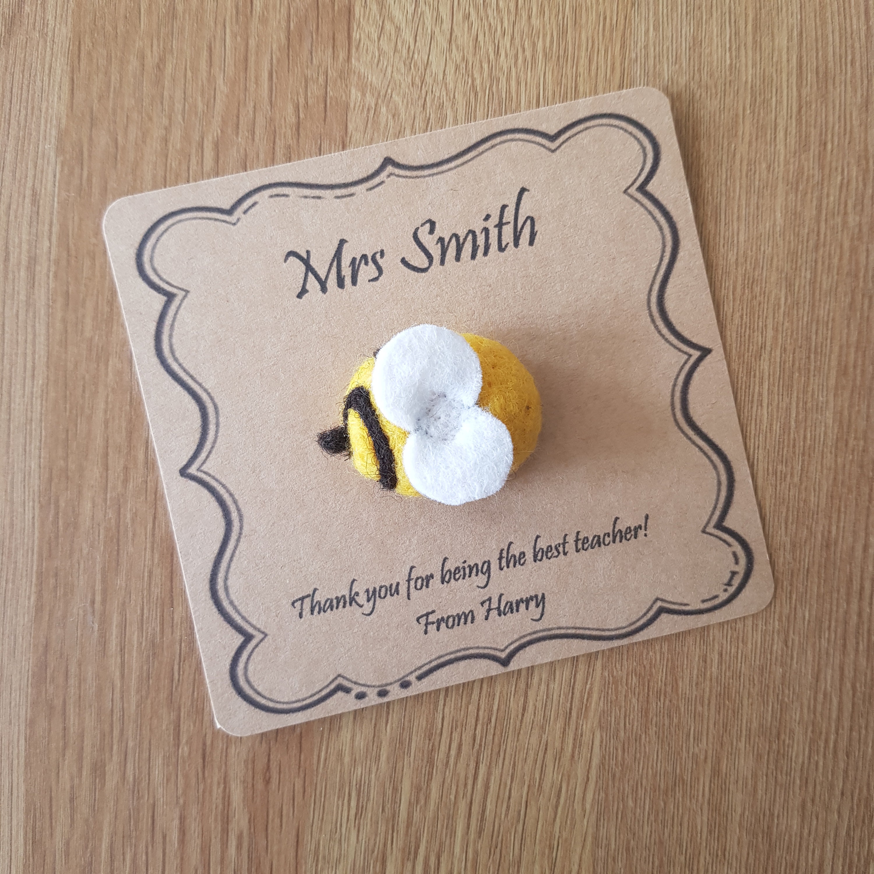 Personalised Gift Needle Felted Bee Brooch Handmade in Yellow & Black Wool With White Wings Cute Pin Humble Bumble. Birthday