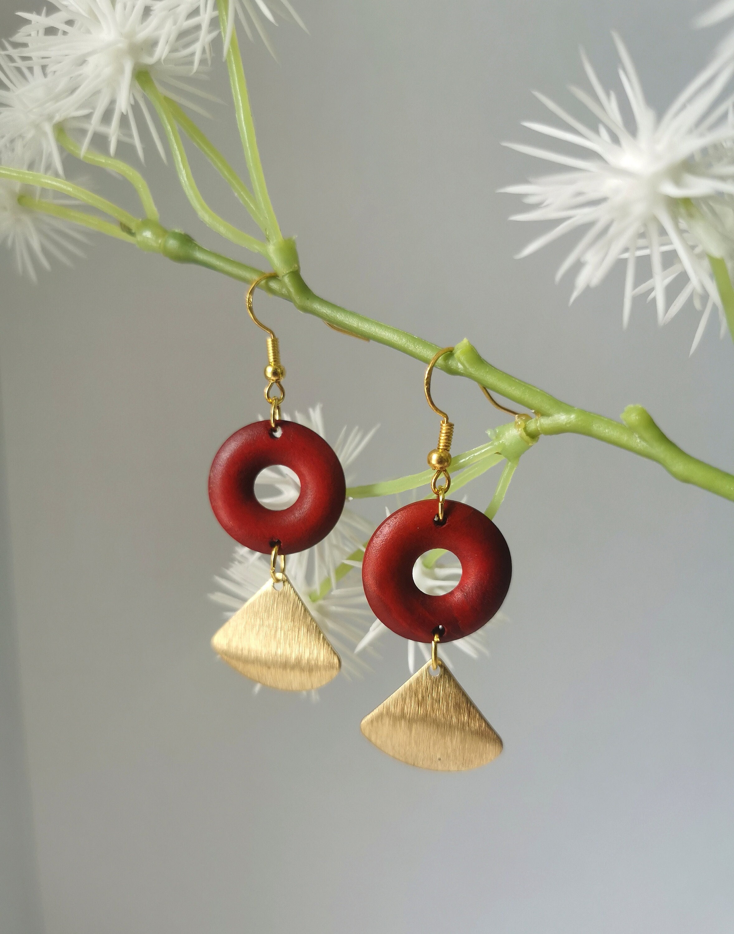 Beautiful Geometric Earrings With Dark Red Wooden Doughnut Ring & Textured Brass Curved Charm