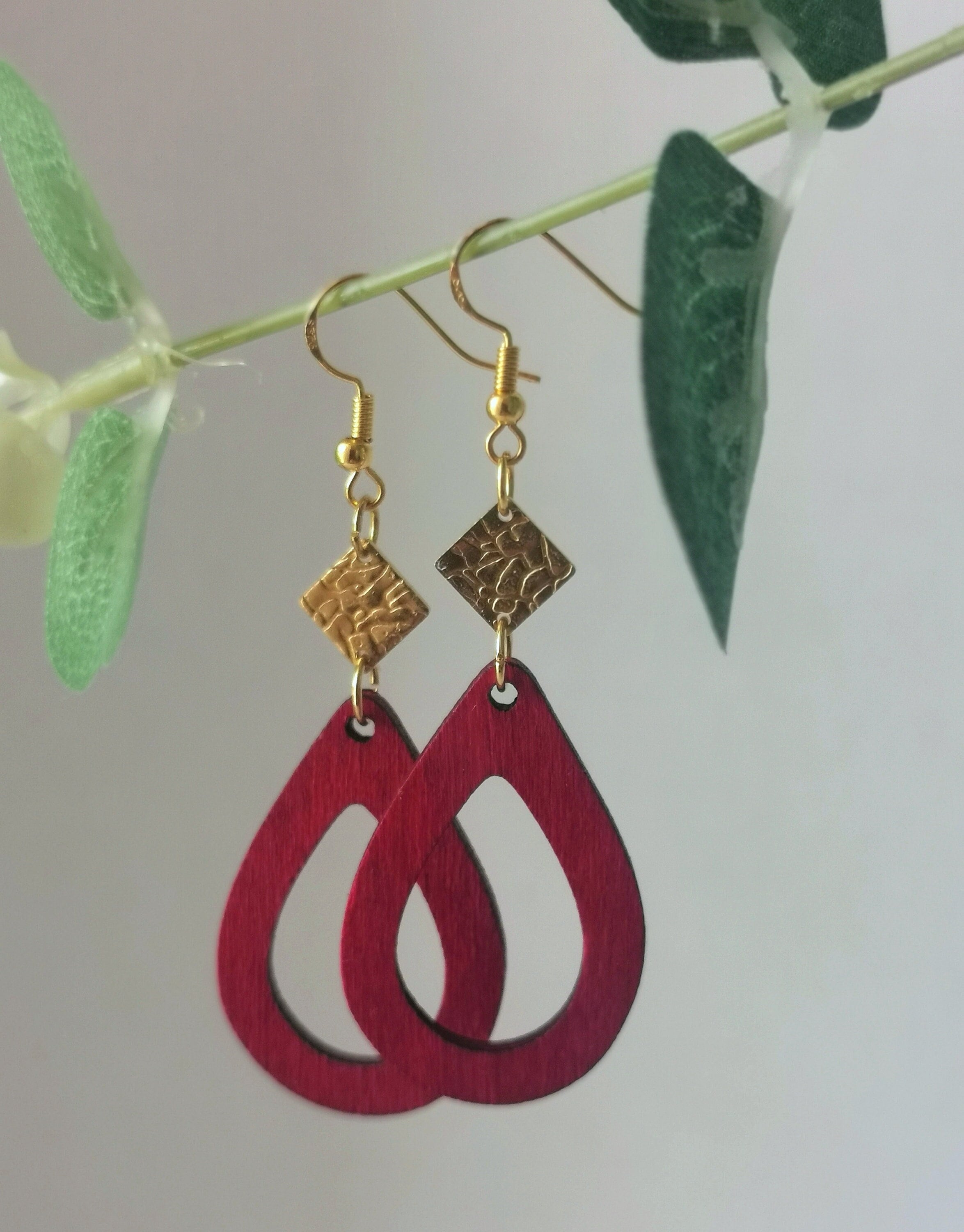 Beautiful Geometric Earrings With Red Wooden Teardrop & Textured Brass Rhombus Charm