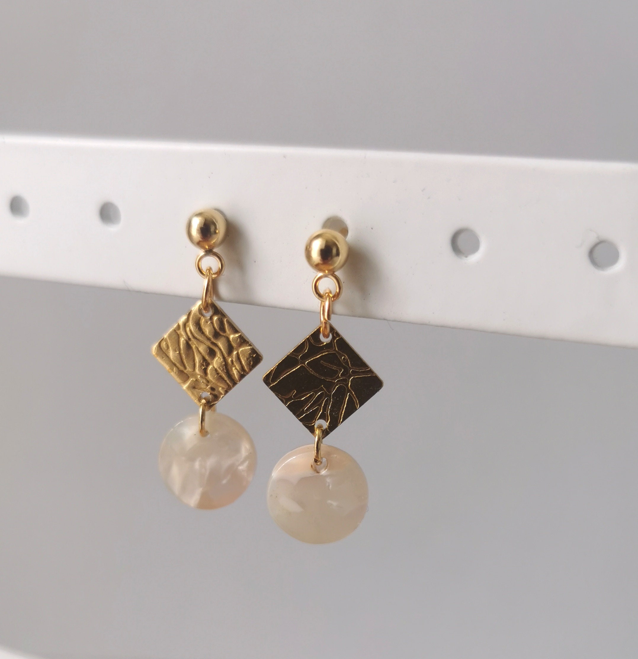 Dainty Pretty Earrings With Pale Pink Tortoiseshell & Textured Brass Rhombus Charm 18K Gold Plated Ball Stud Post