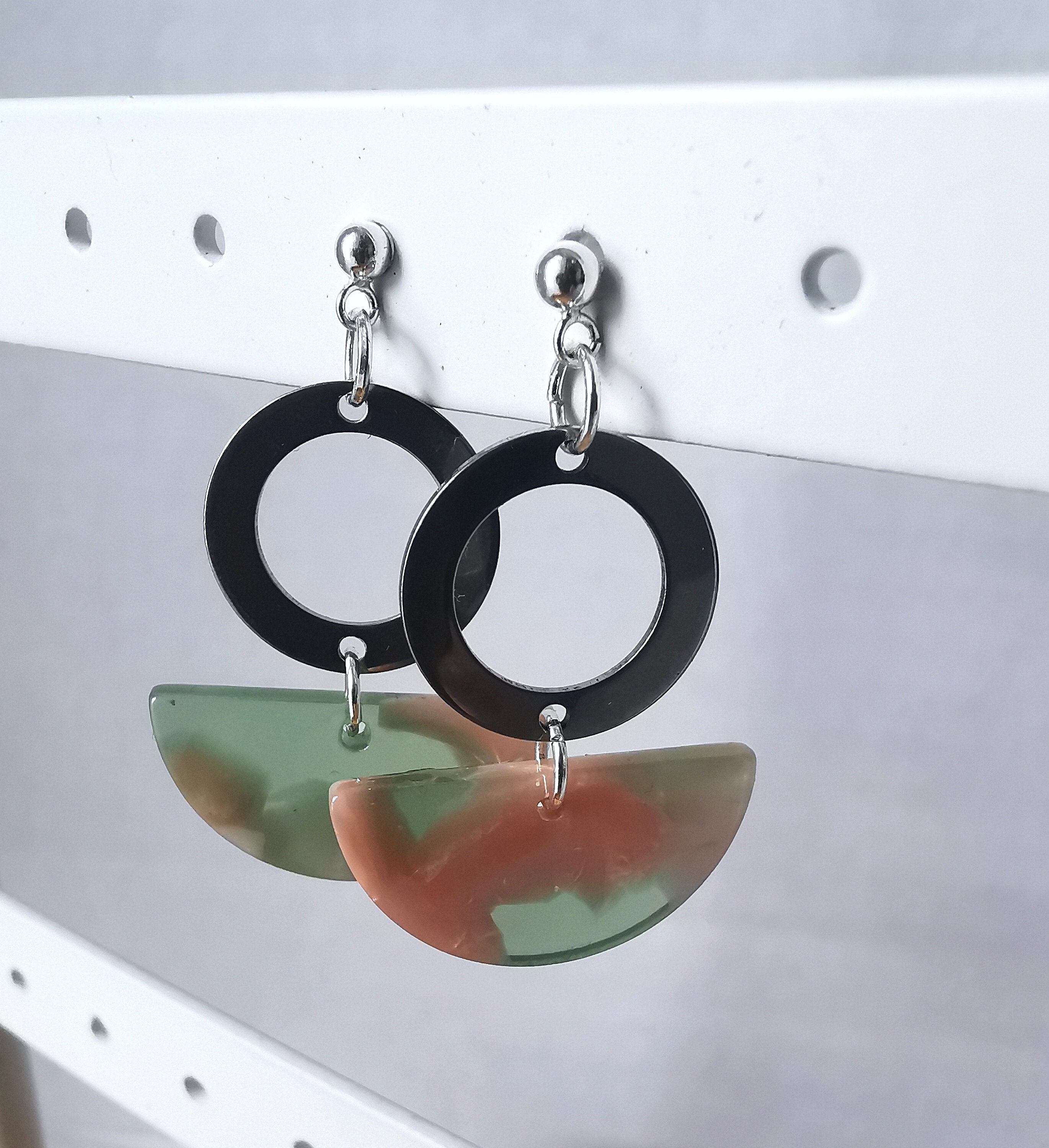 Green & Pink Tortoiseshell Half Moon Geometric Earrings With Silver Rhombus Charm 925 Ball Stud