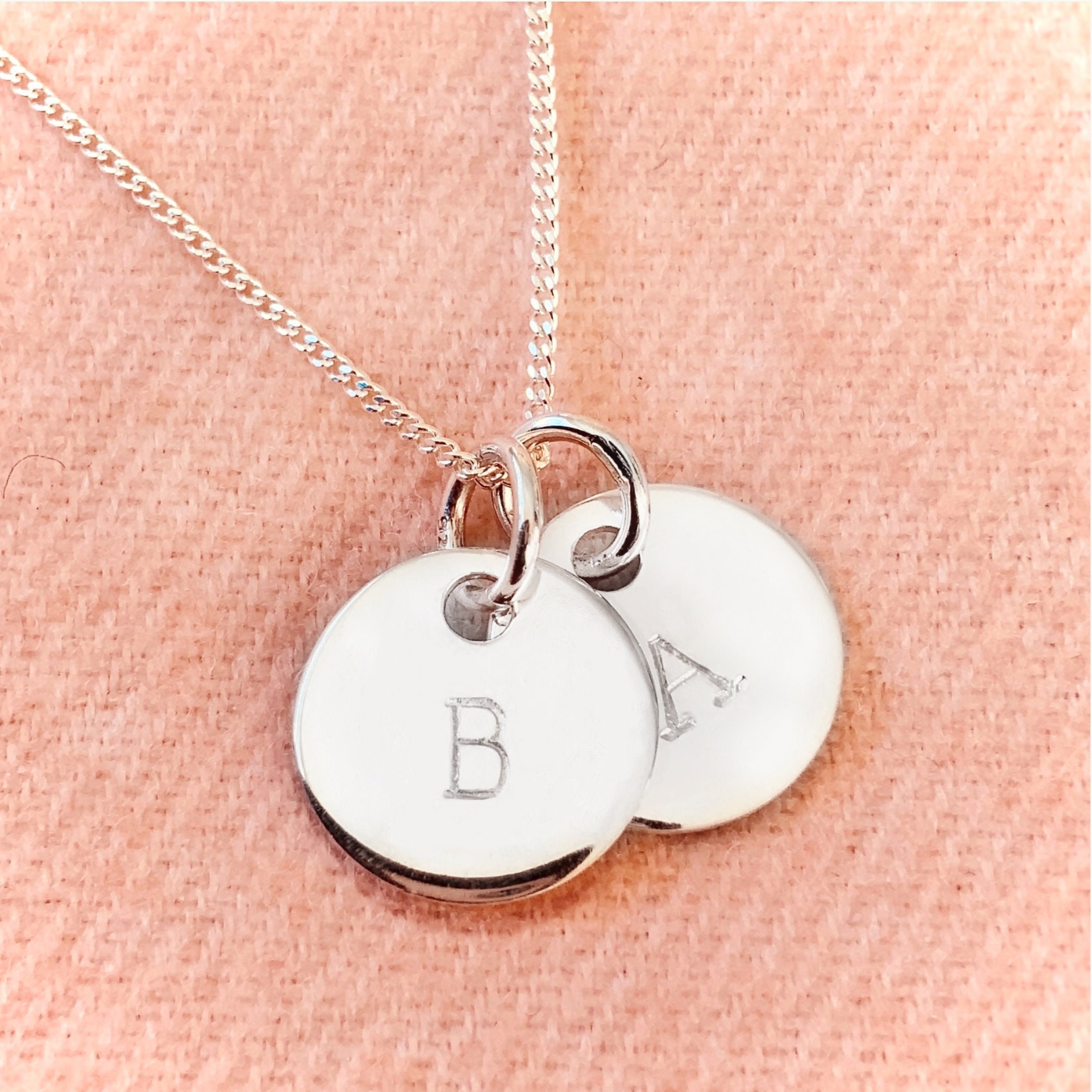 sterling Silver Initials Necklace // Name Date Customised Personalised Disc Circle Pendant Ldr Girlfriend Wife Gift