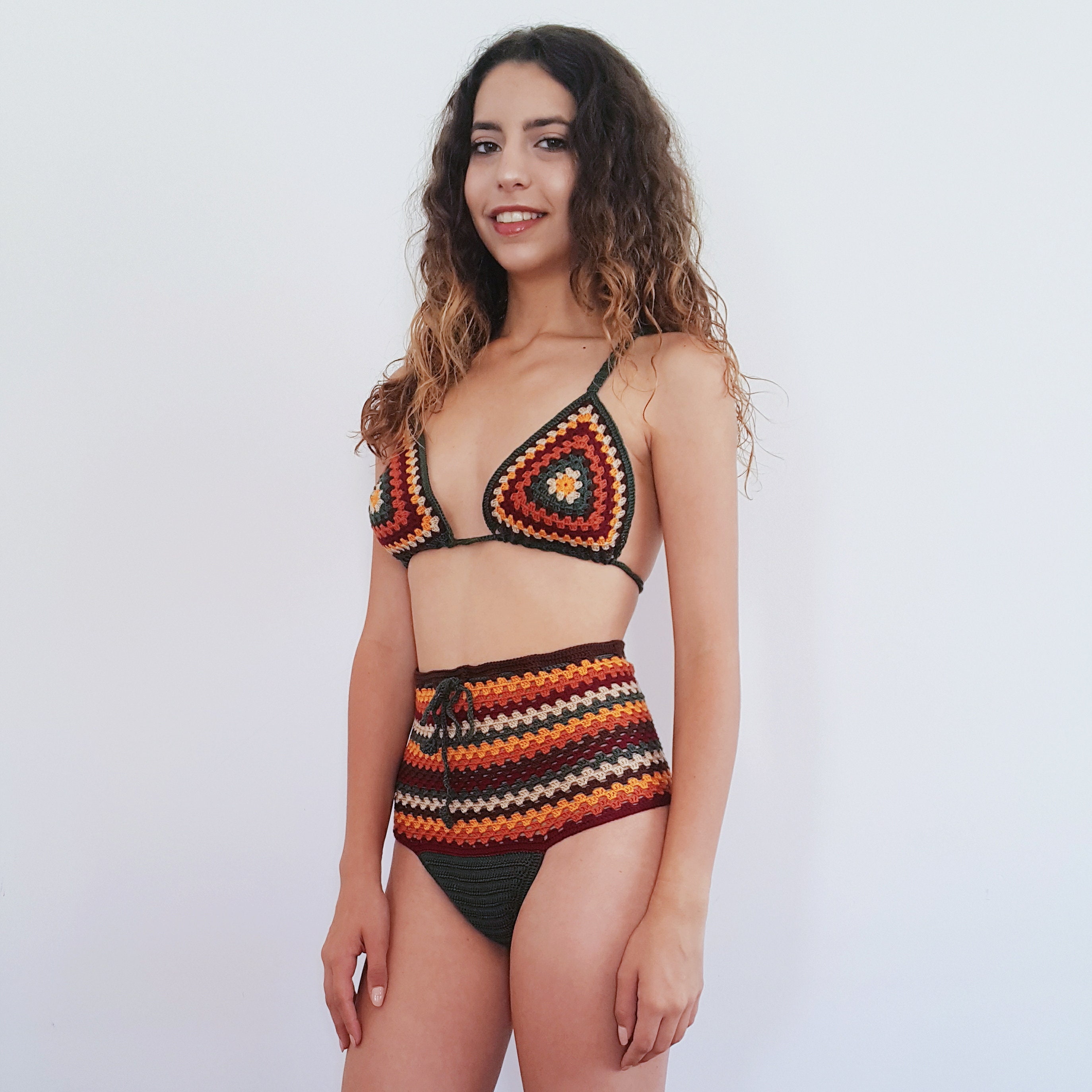 High Waisted Crochet Bikini Set Triangle Bikini Top High Etsy