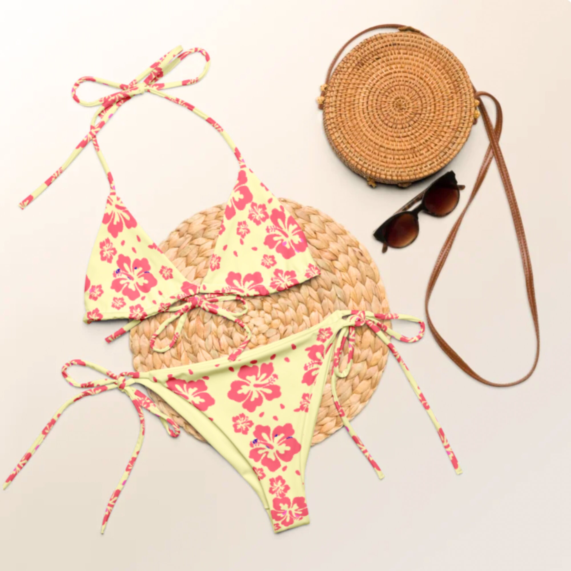 Hawaiian Print Malibu Bikini One Piece Hawaii Flower String Bikini Tropical Flower Bikini