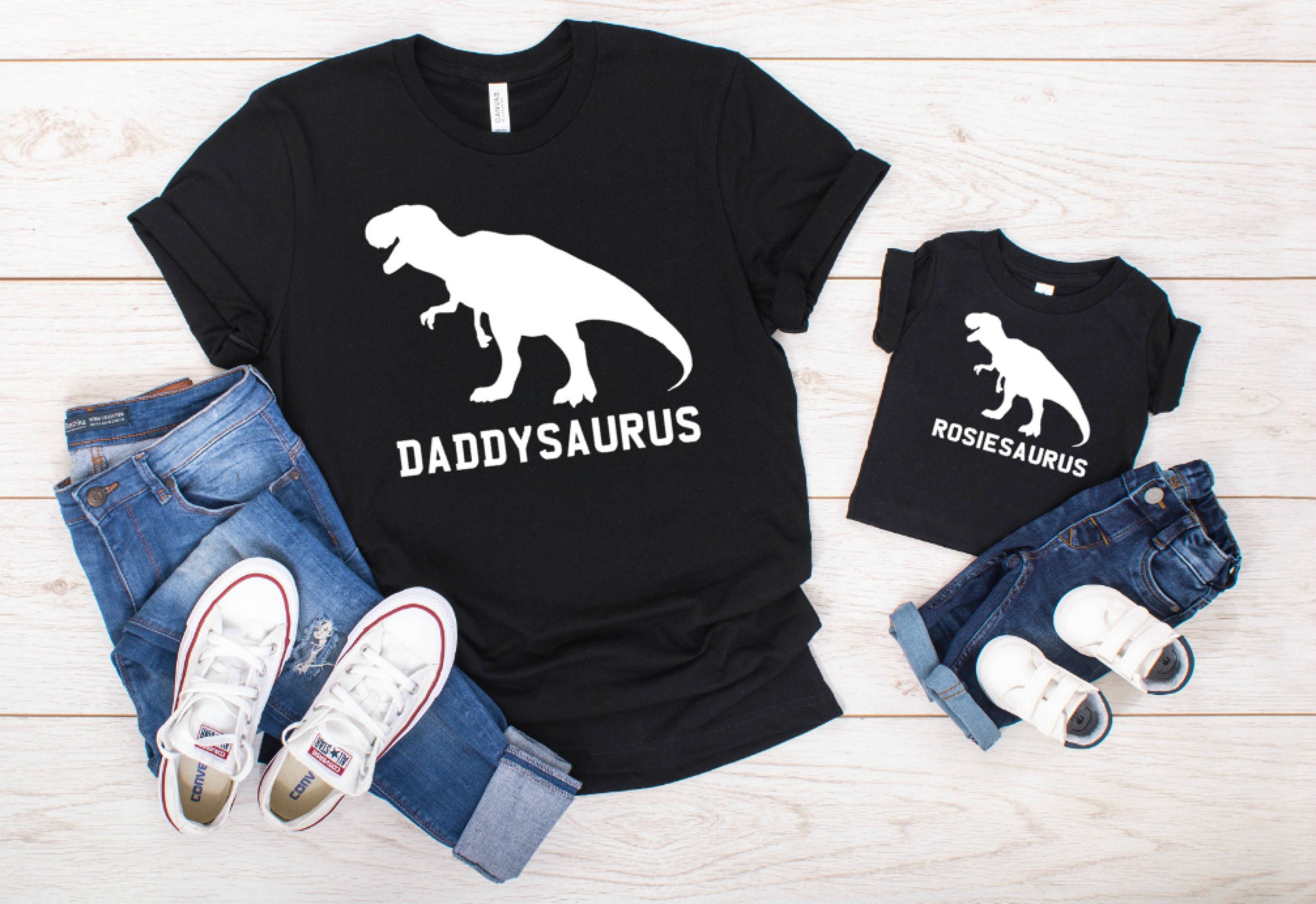 Daddy & Child Matching T-Shirt Set, Dinosaur Daddysaurus Namesaurus, Father & Son Or Daughter Father’s Day Gift