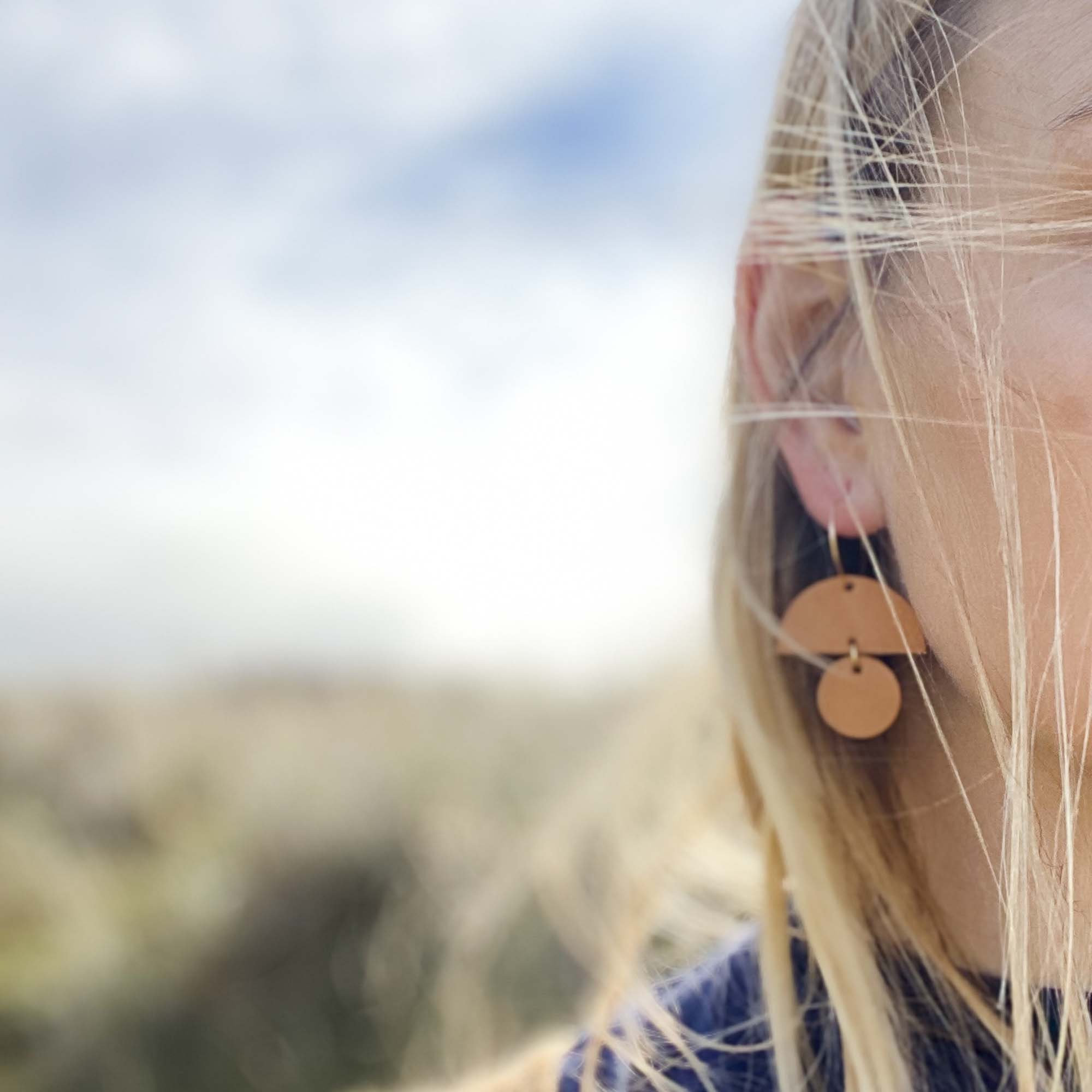Sunrise Hoop Earrings Made From Brown Vegetable Tan Leather. Lightweight Statement Earrings in A Minimalist, Geometric Style