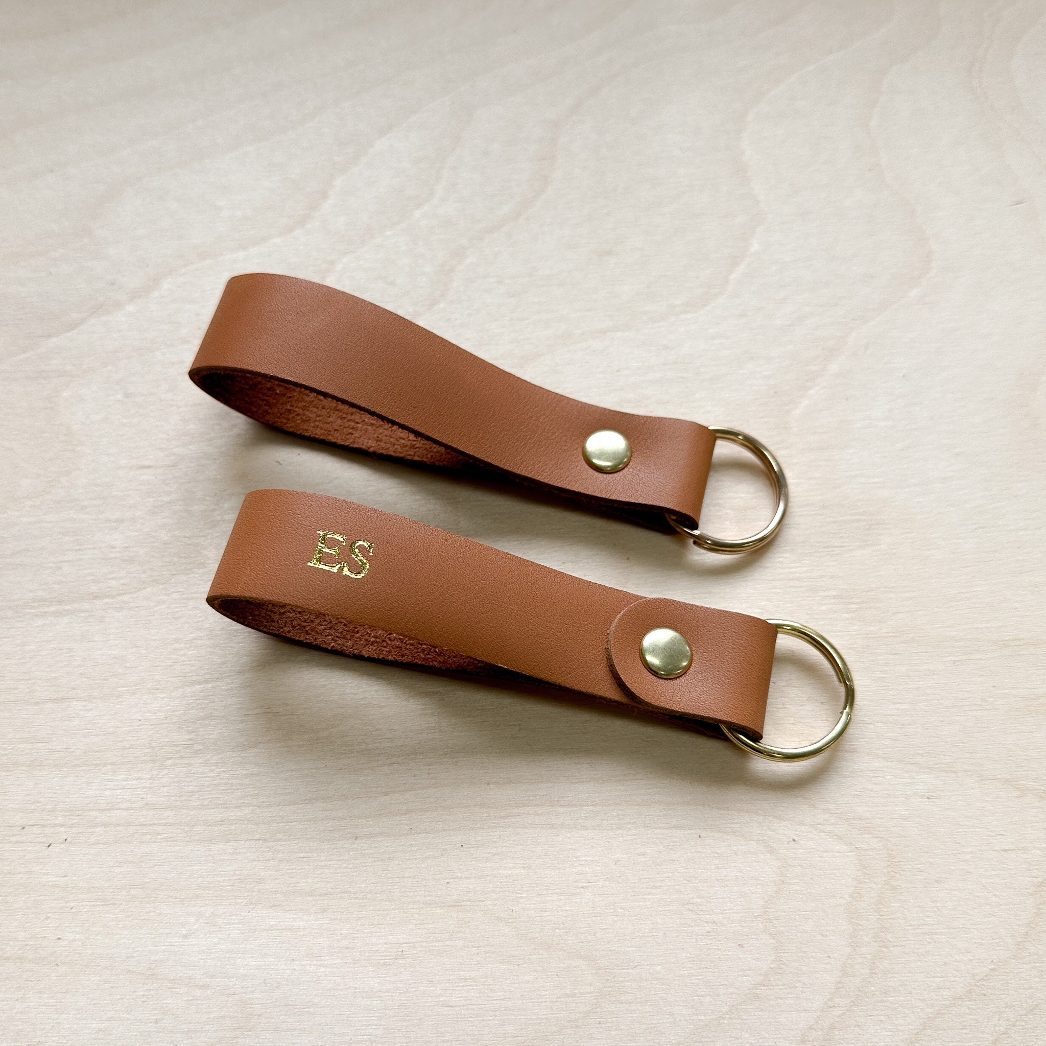 Tan Brown Leather Looped Keyring, Personalised Veg Key Ring, New Home Gift Perfect For House Keys