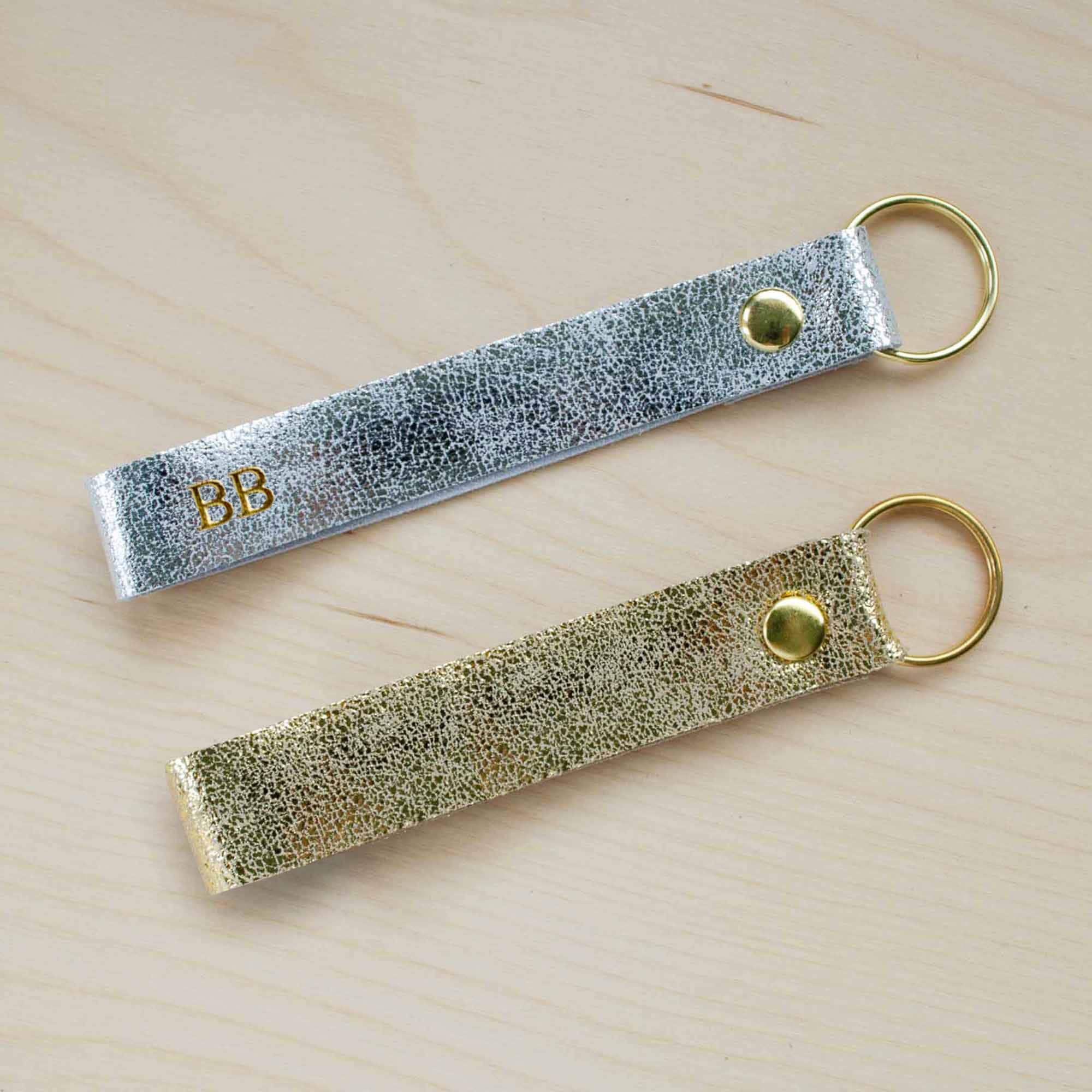 Silver & Gold Leather Looped Keyring, Personalised Key Ring. Birthday Presents