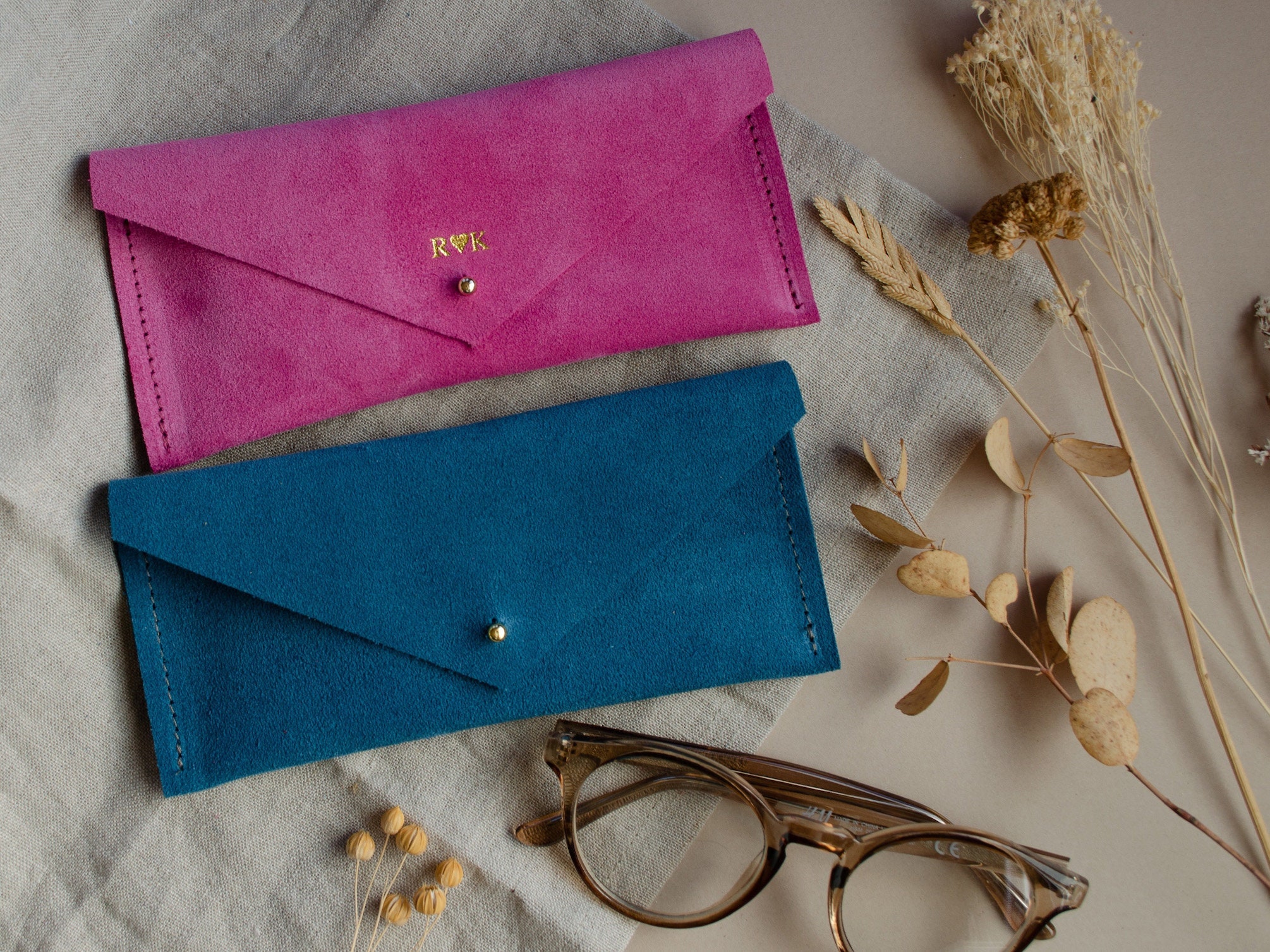 Personalised Suede Glasses Case, Monogram Leather Sunglasses Pouch. Minimalist Design in Pink & Teal