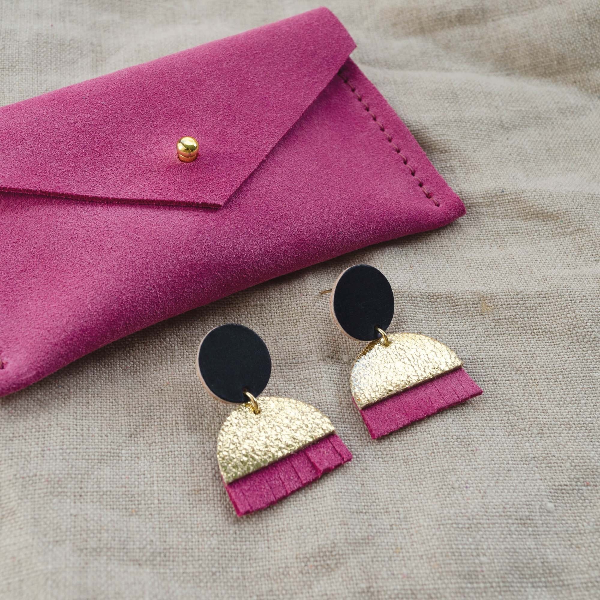 Pink Sunset Drop Earrings. Recycled Leather Stud Earrings. Geometric Tassel Gift For Bridesmaids. Clip On Earrings