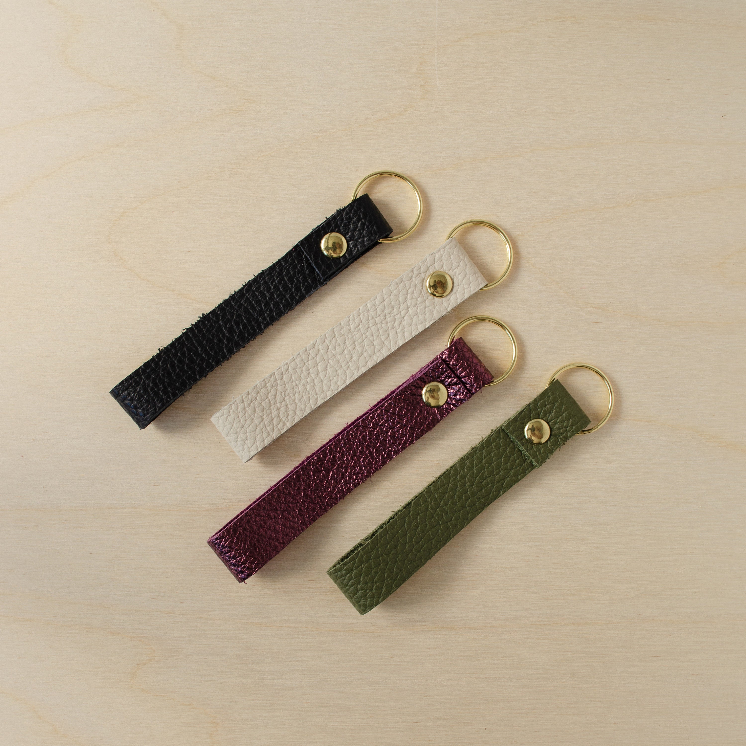 Italian Leather Loop Keyring, Personalised Keychain in Berry, Black, Cream & Green. Minimalist House Warming Gift