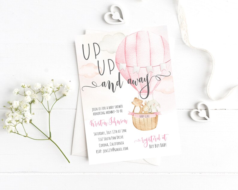 Hot Air Balloon Baby Shower Invite Up Up And Away Girl Baby Etsy