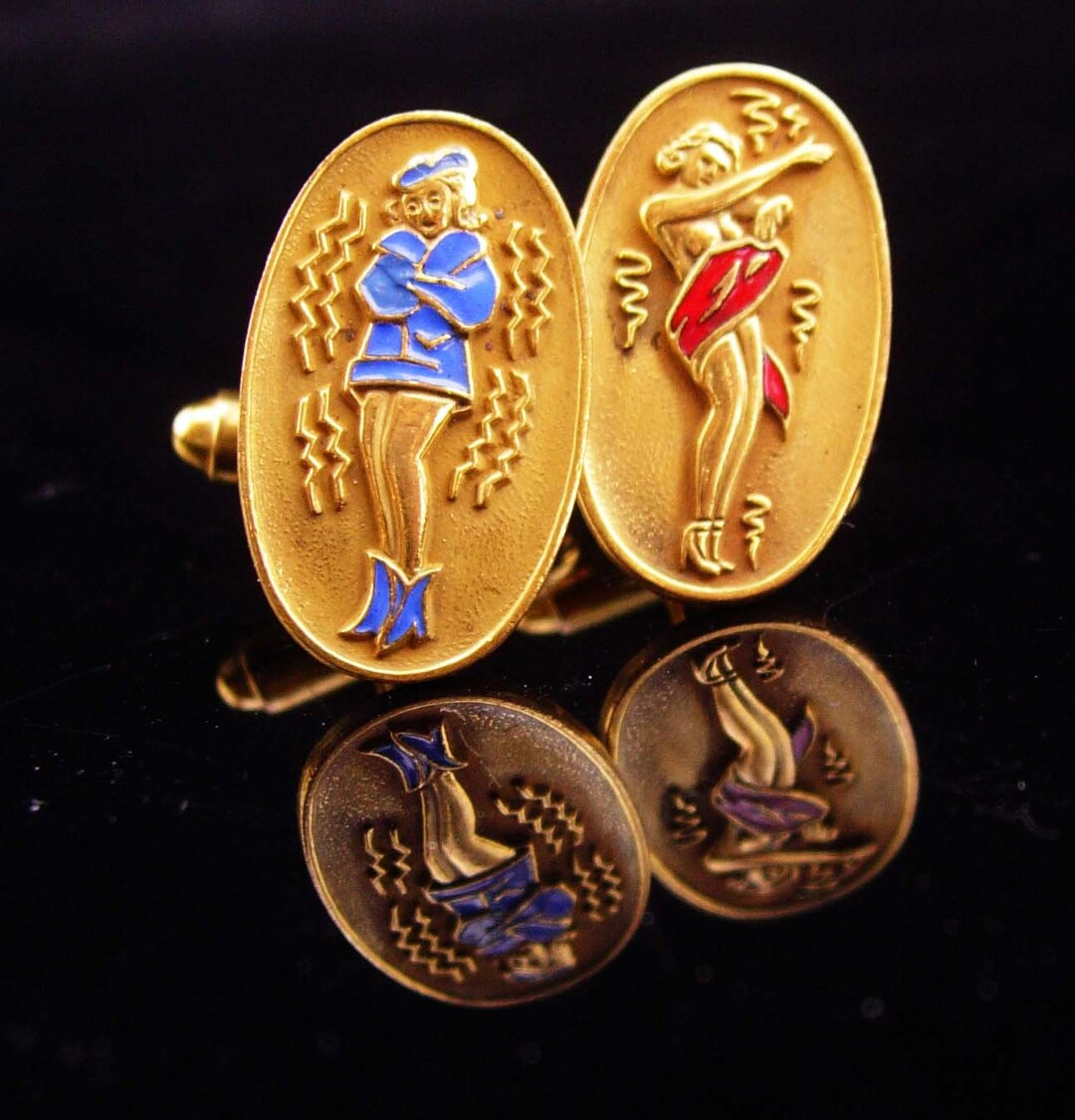 Rare Erotic PINUP Cufflinks Vintage Ww11 Set Nude Cufflinks Naughty Burlesque Lucky Lady
