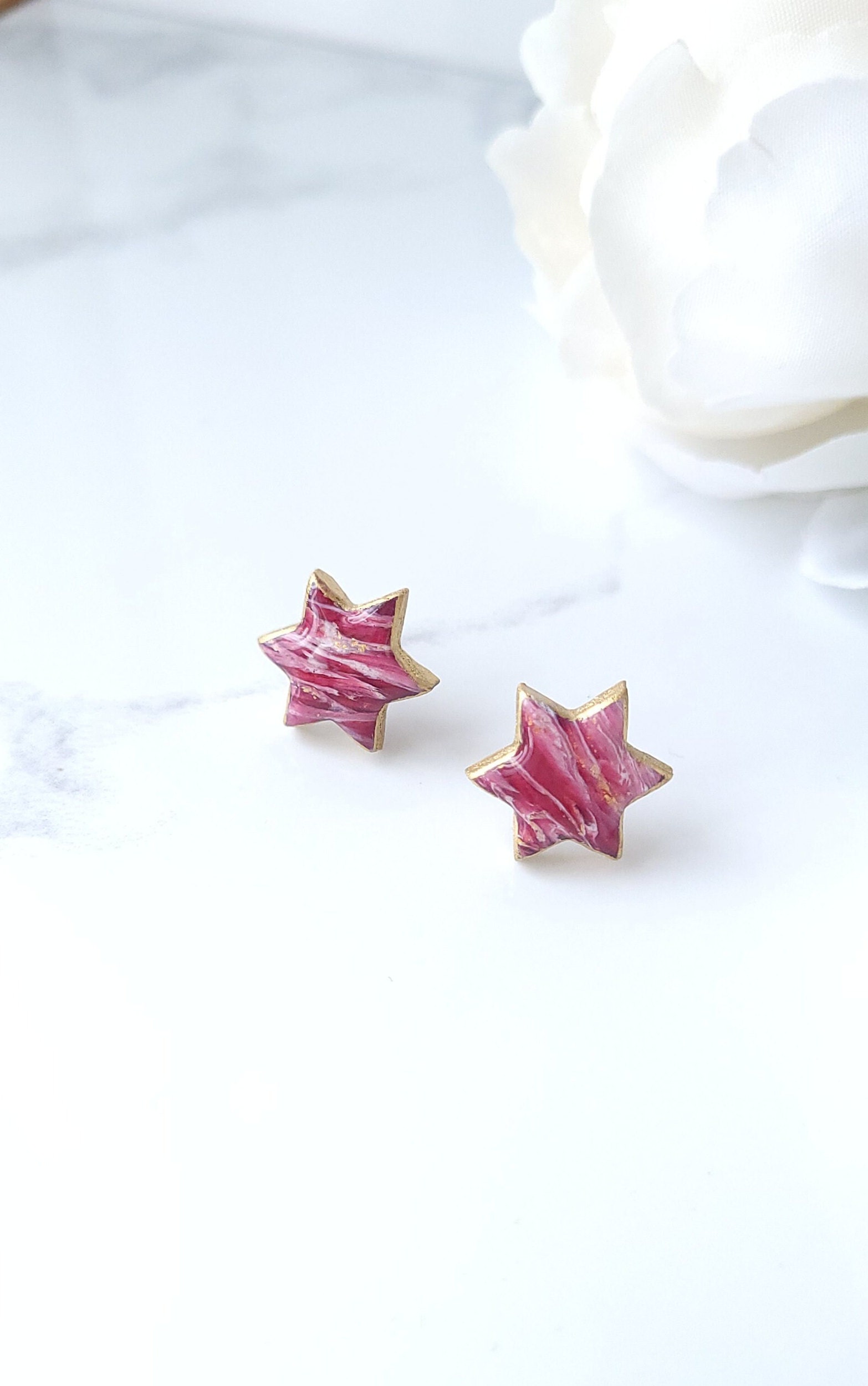 Red, Pink & Gold Marble Stud Earrings | Handmade Polymer Clay Small Star