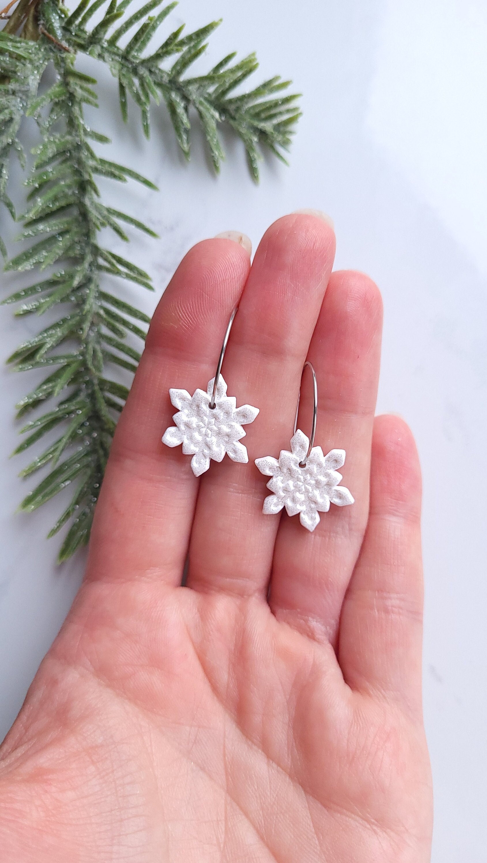 White Shimmer Snowflake Earrings | Handmade Polymer Clay Statement Hoop