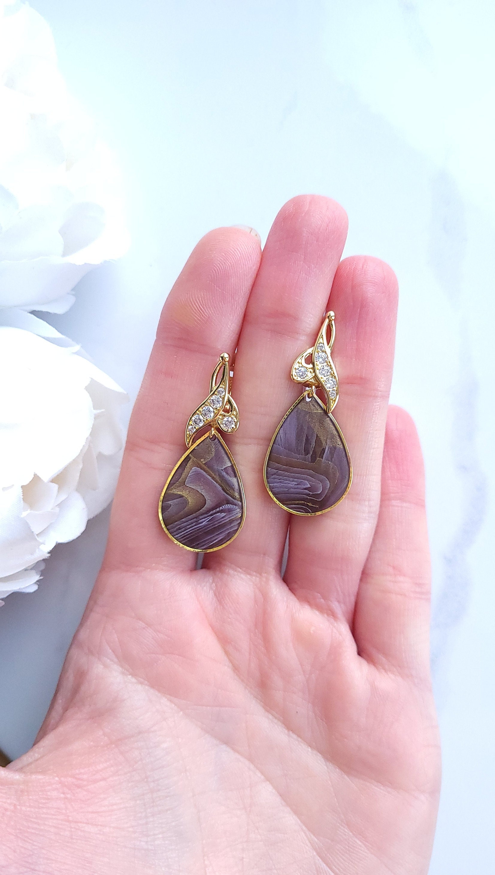 Purple/ Brown & Gold Marble Earrings | Handmade Polymer Clay Statement Dangle