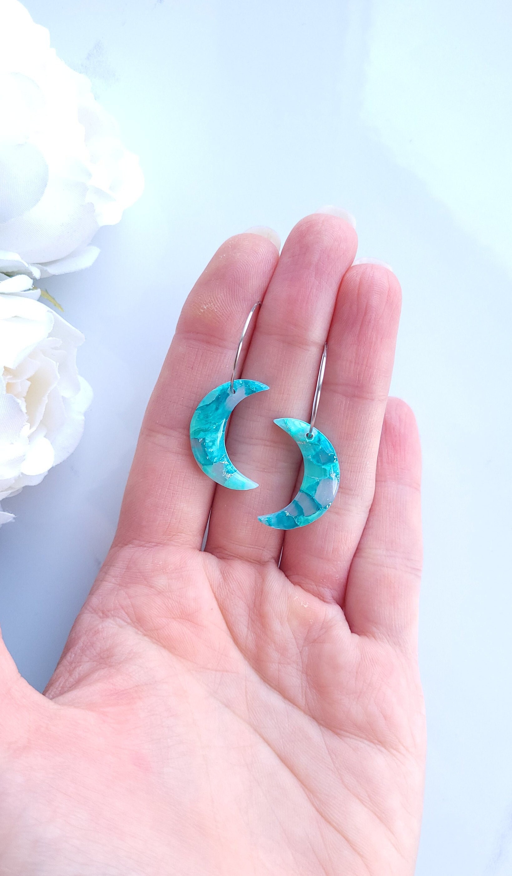 Turquoise, Teal & Silver Marble Earrings | Handmade Polymer Clay Statement Moon Hoop