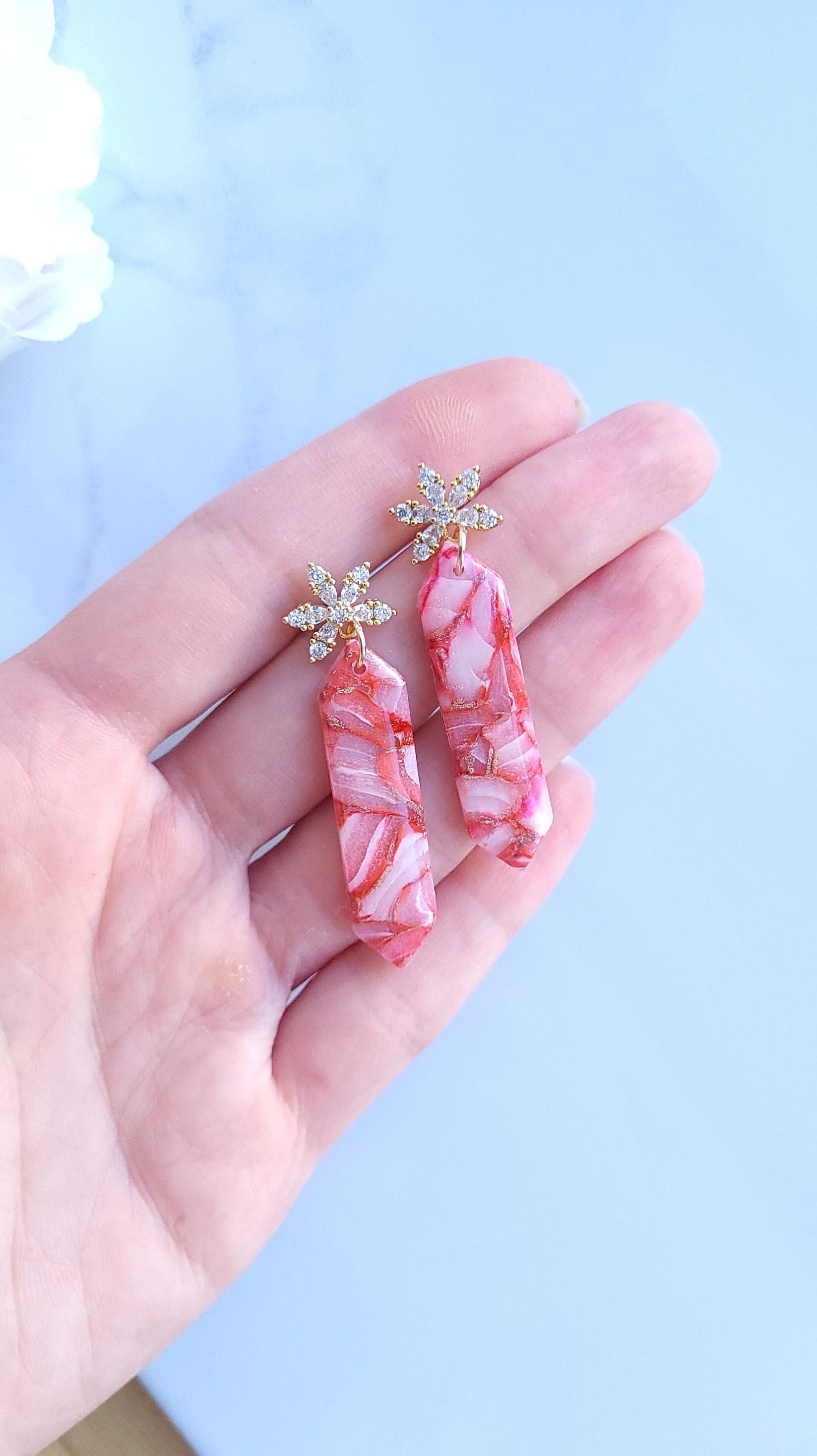 Red/Pink & Golden Green Marble Earrings | Handmade Polymer Clay Statement Dangle